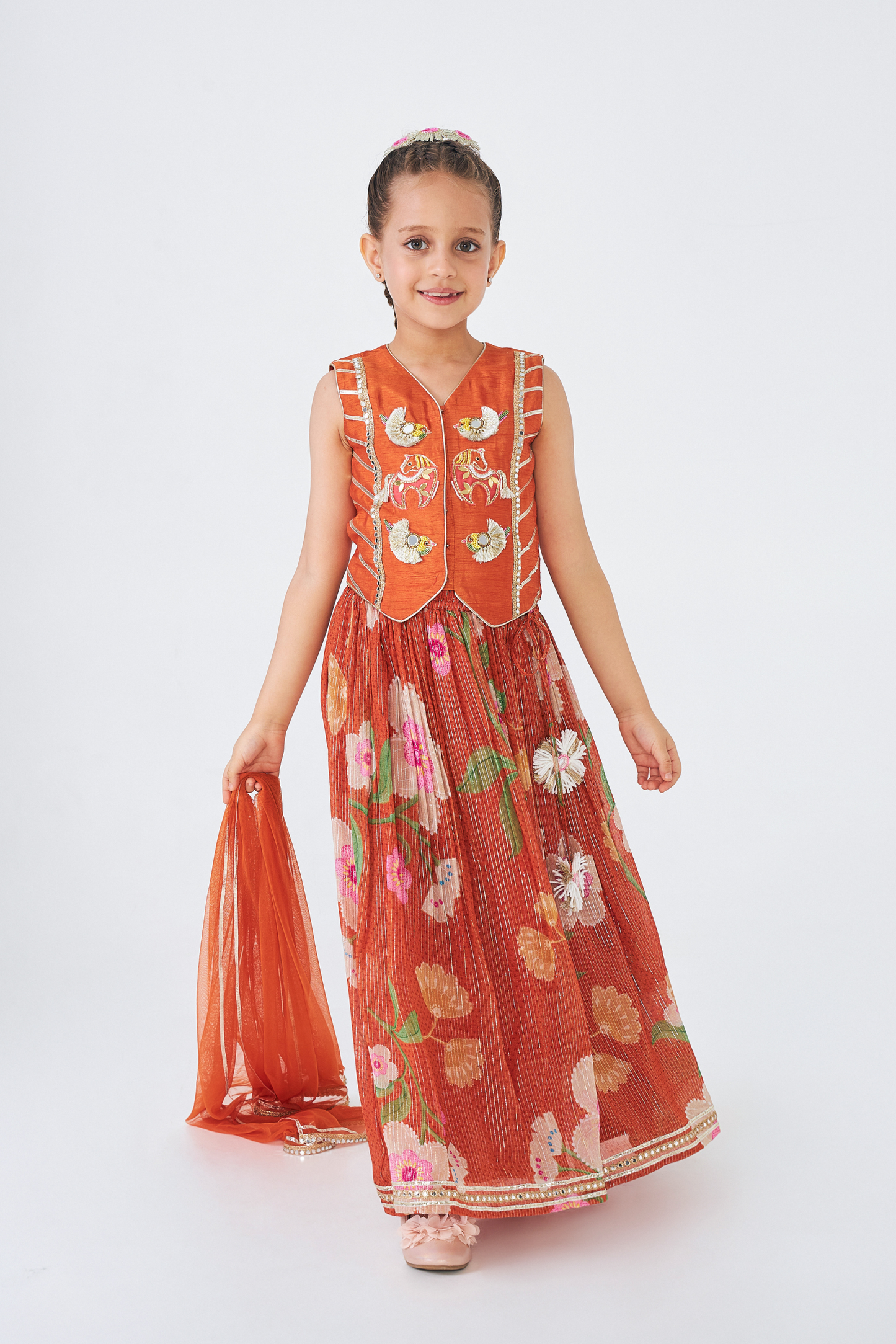 Riva Short Embroidered Girls Top & Skirt (Set of 3 Pcs)