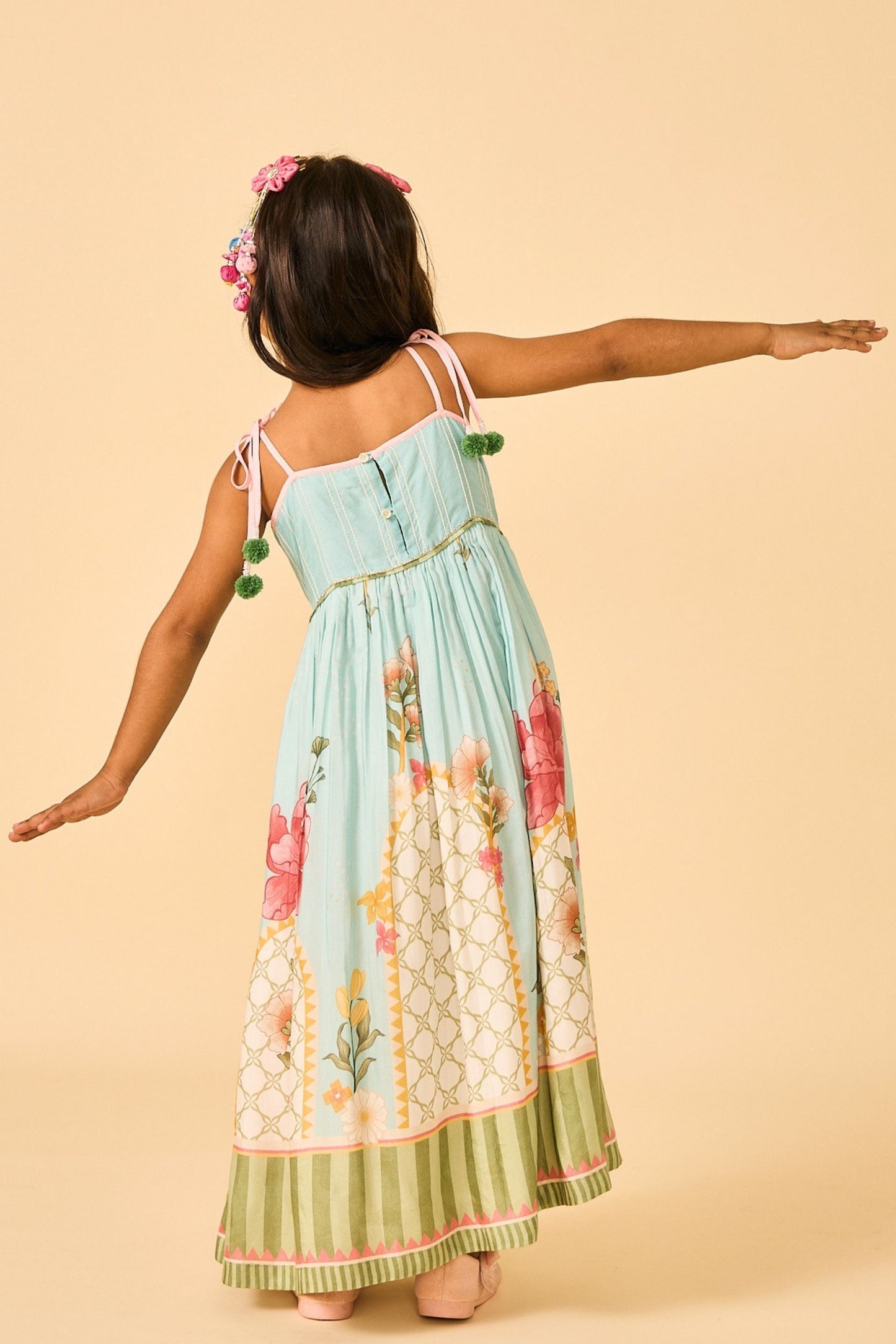 Blue Clay Embellished Girls Long Strappy Dress