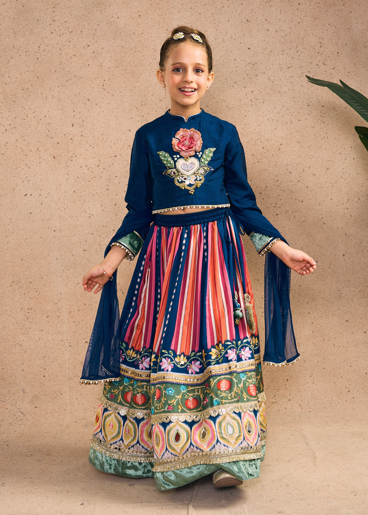 Dalia Navy Girls Embellished Full Sleeves Top, Skirt & Dupatta (Set of 3 pcs)