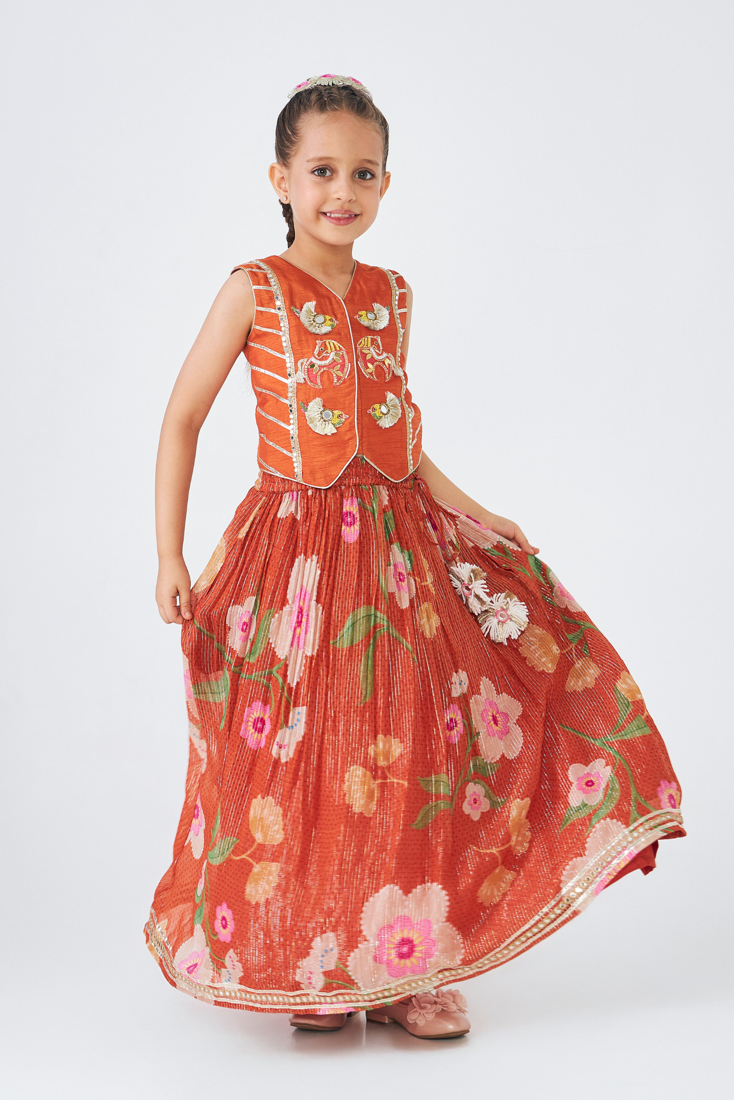 Riva Short Embroidered Girls Top & Skirt (Set of 3 Pcs)