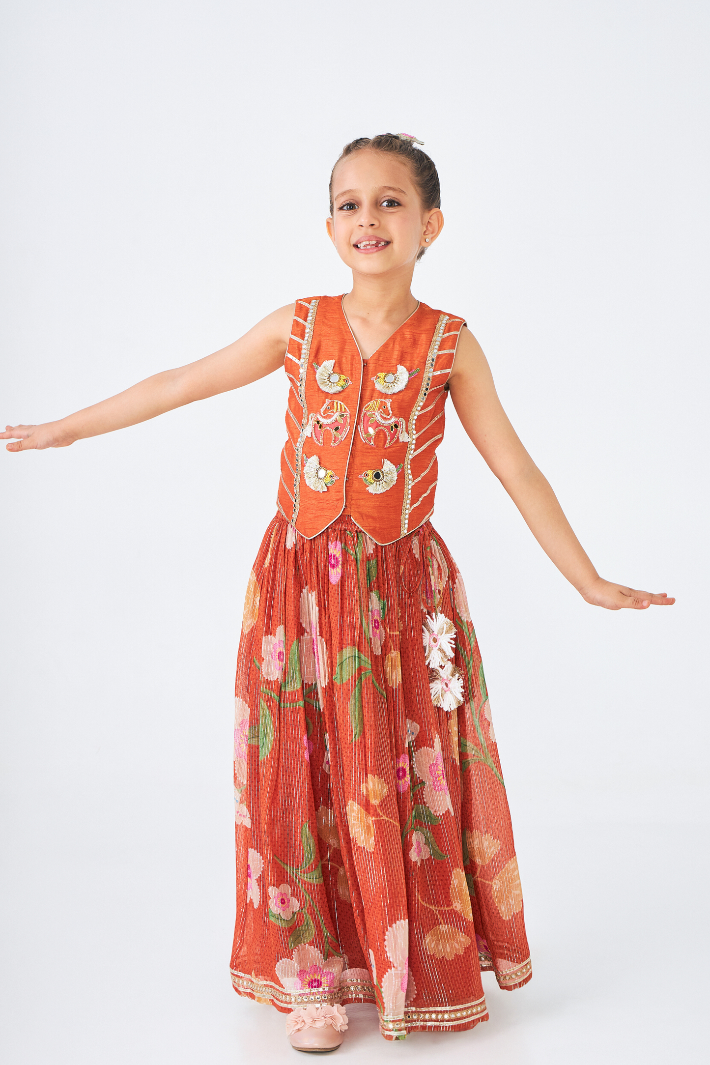 Riva Short Embroidered Girls Top & Skirt (Set of 3 Pcs)