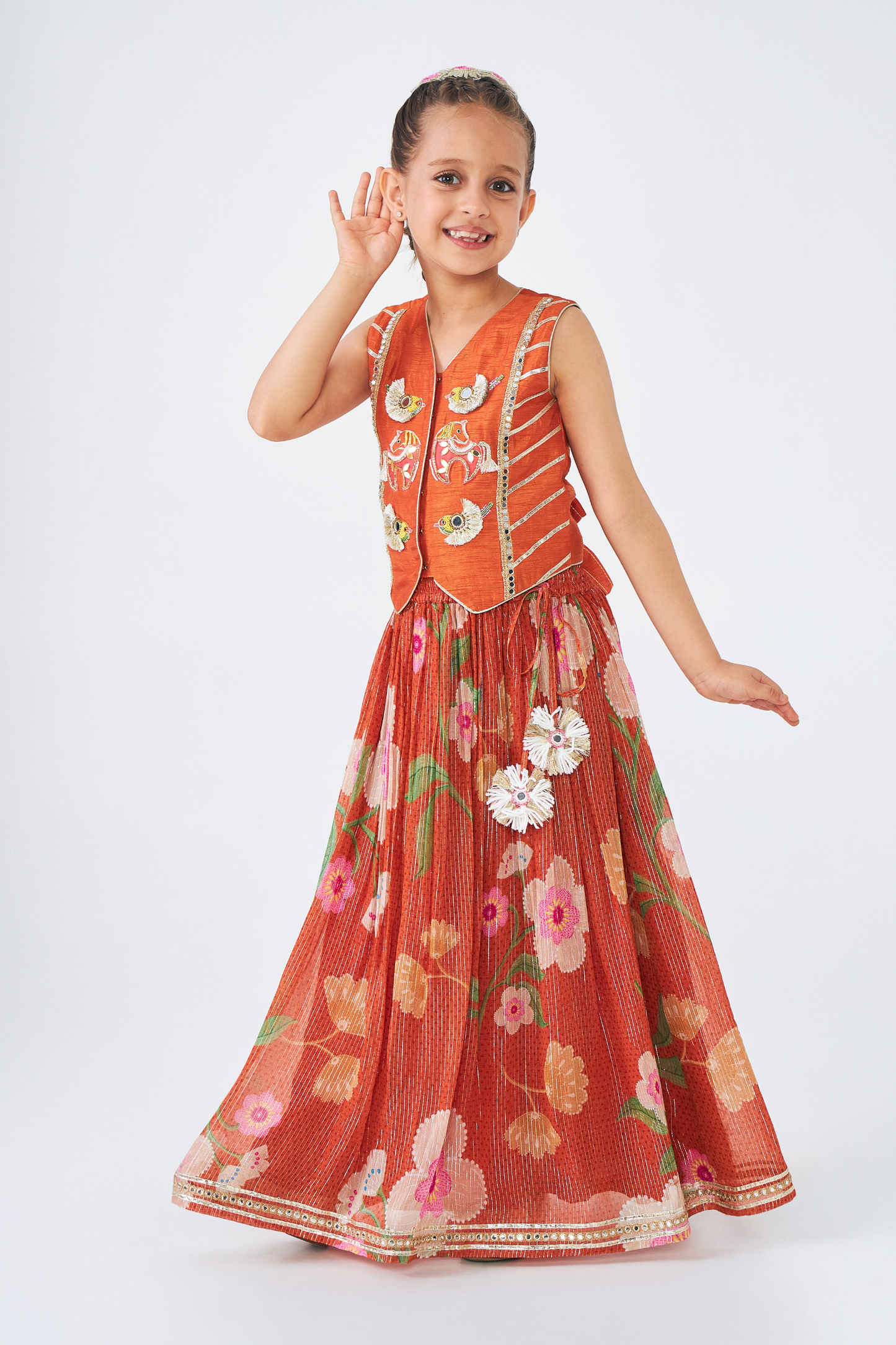 Riva Short Embroidered Girls Top & Skirt (Set of 3 Pcs)