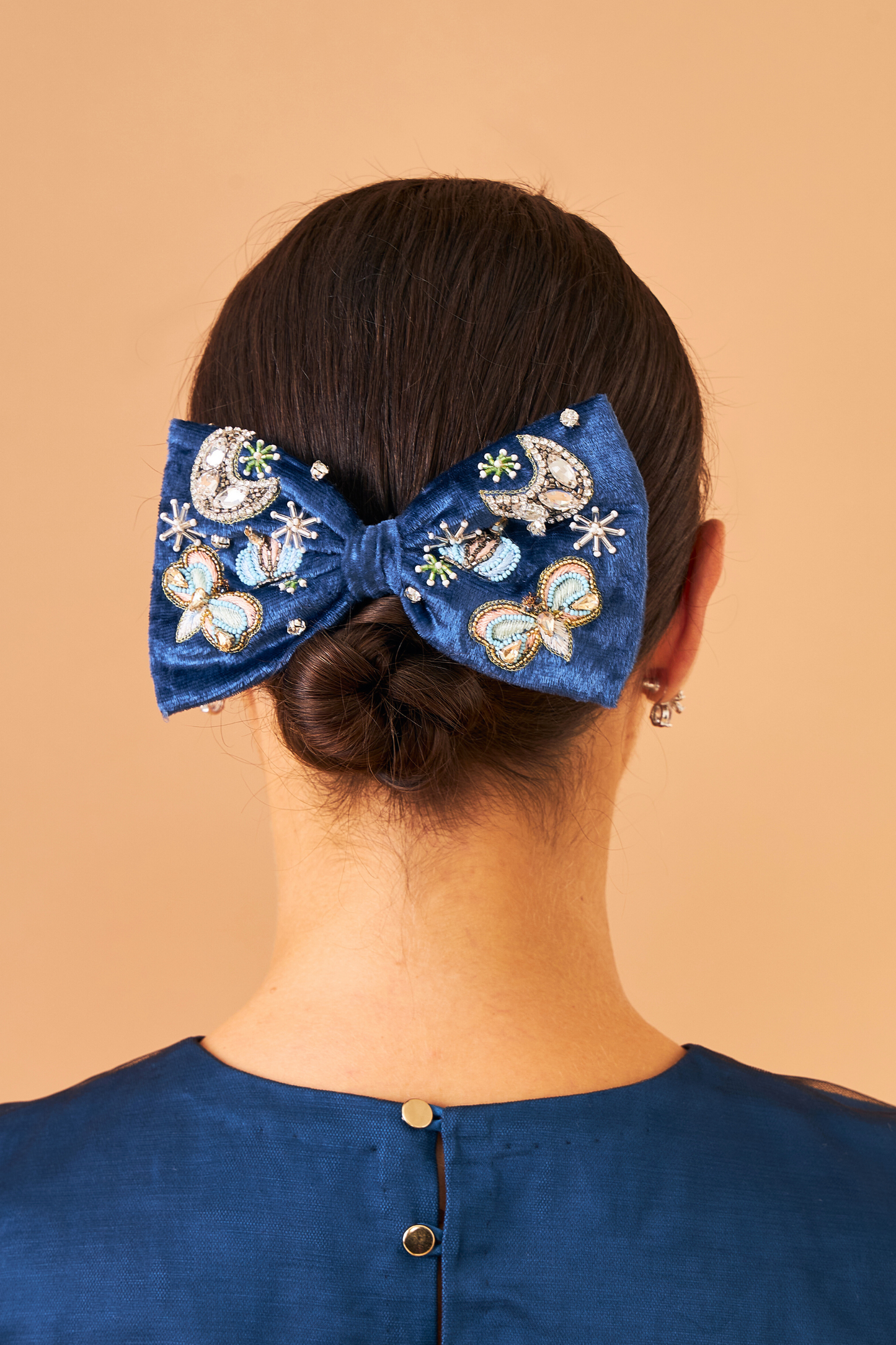 Celeste Navy Ladies Embellished Bow Clip