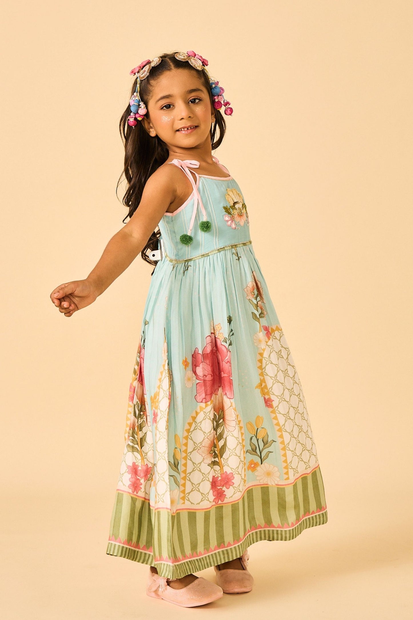 Blue Clay Embellished Girls Long Strappy Dress