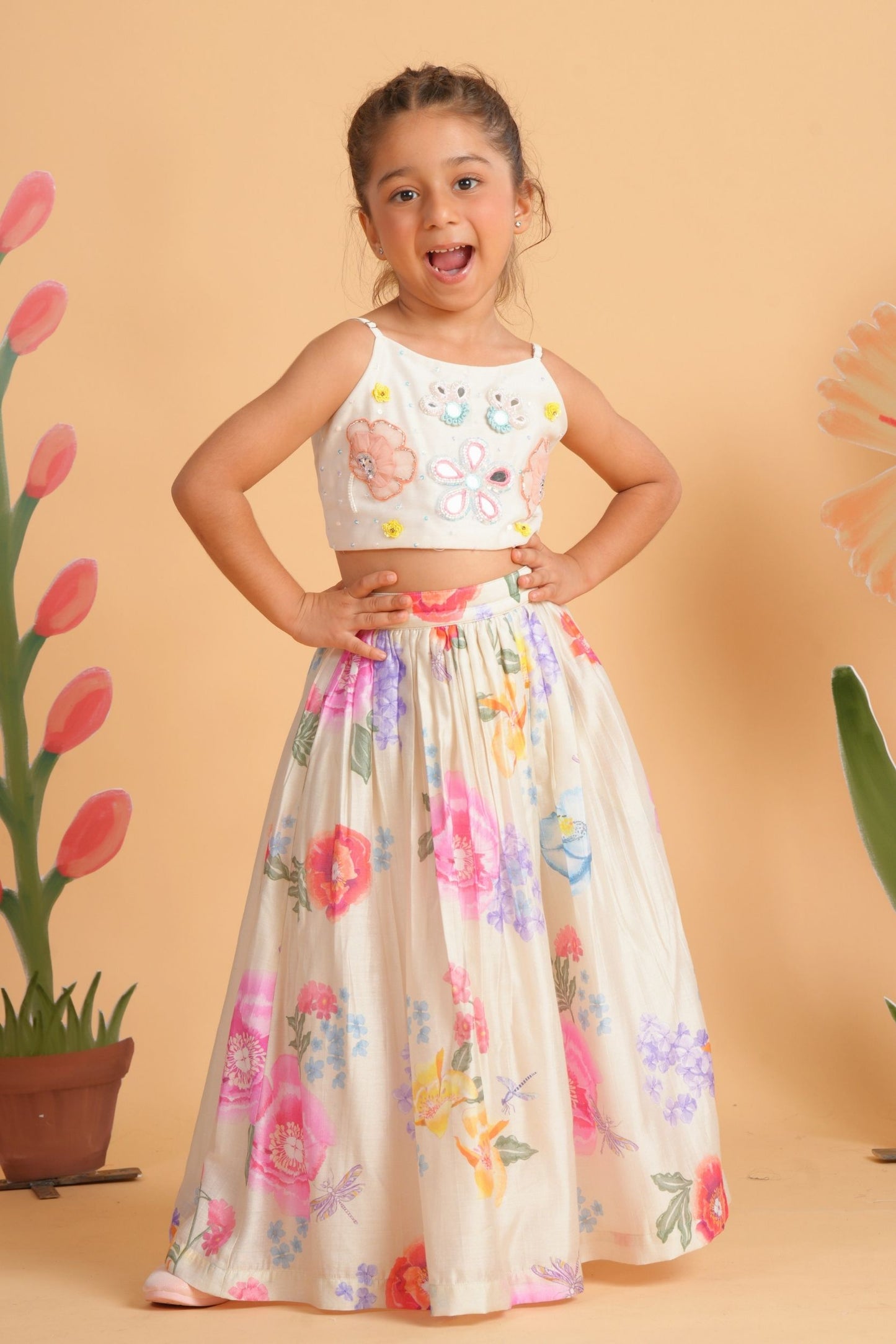 Clea Off-White Girls Skirt with Embellished Crop Top