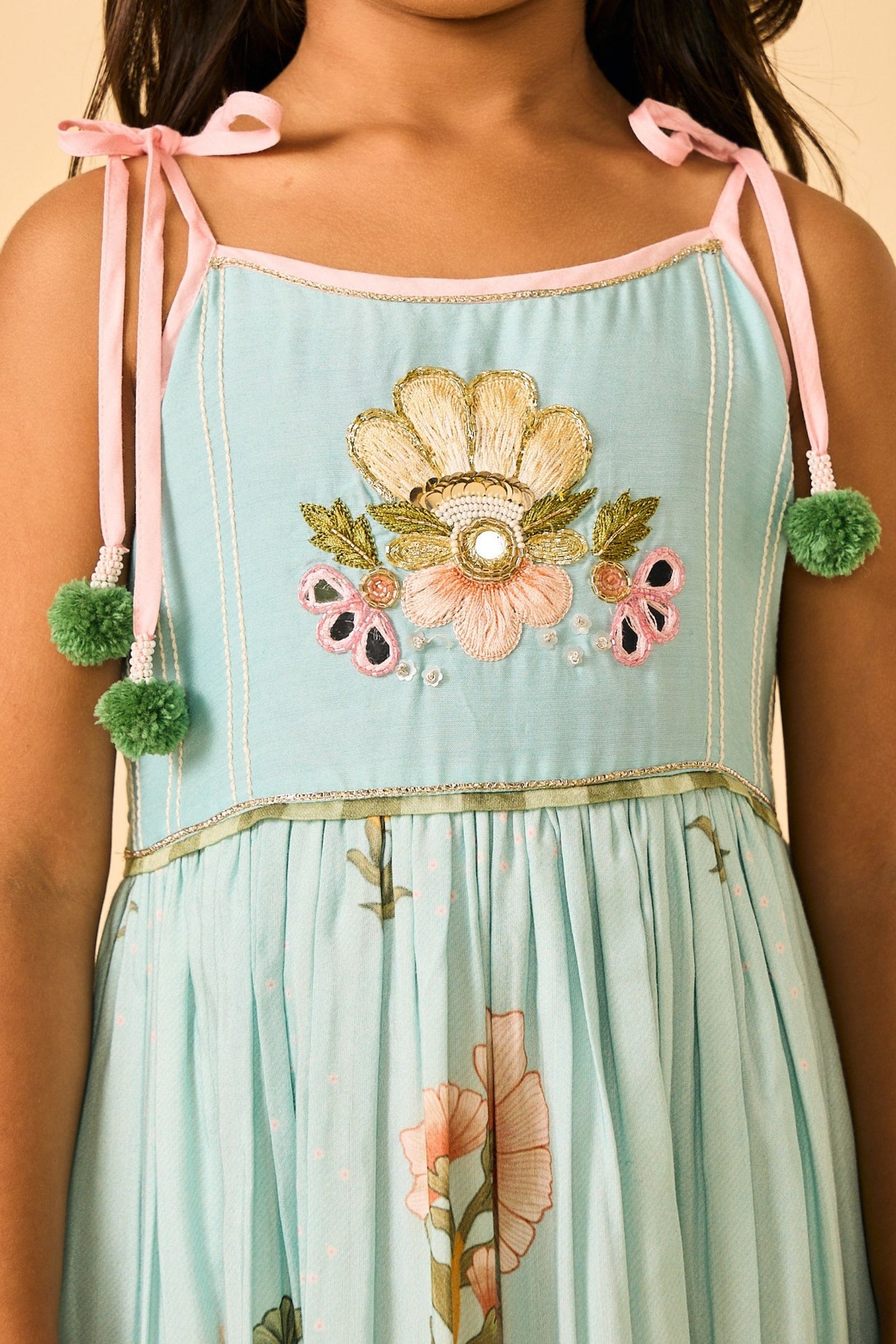 Blue Clay Embellished Girls Long Strappy Dress