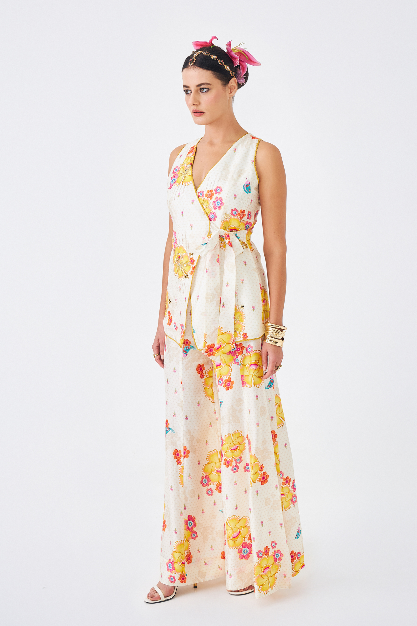 Freya Mustard Ladies Embellished Long Waistcoat & Flared Trousers Co-ord (Set of 2pcs)