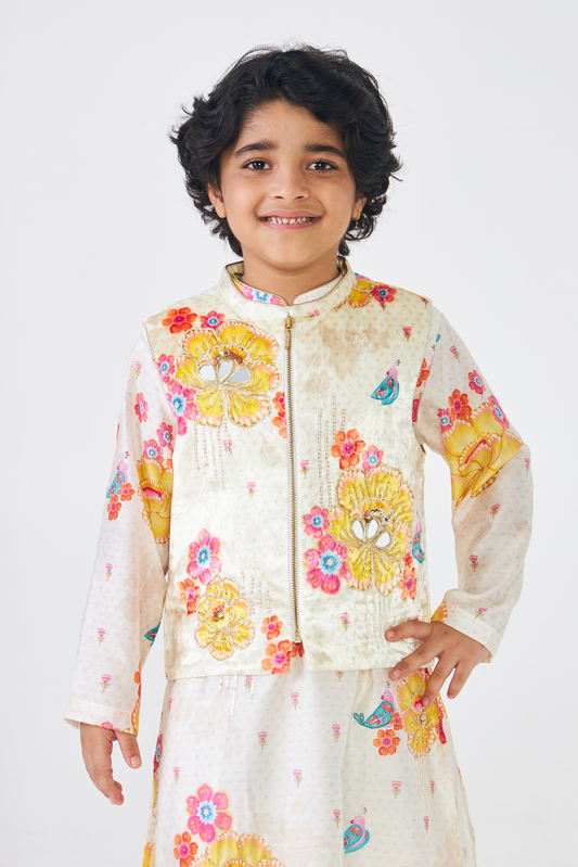 Freya Mustard Boys Embellished Kurta & Jacket (Set of 3 Pcs)