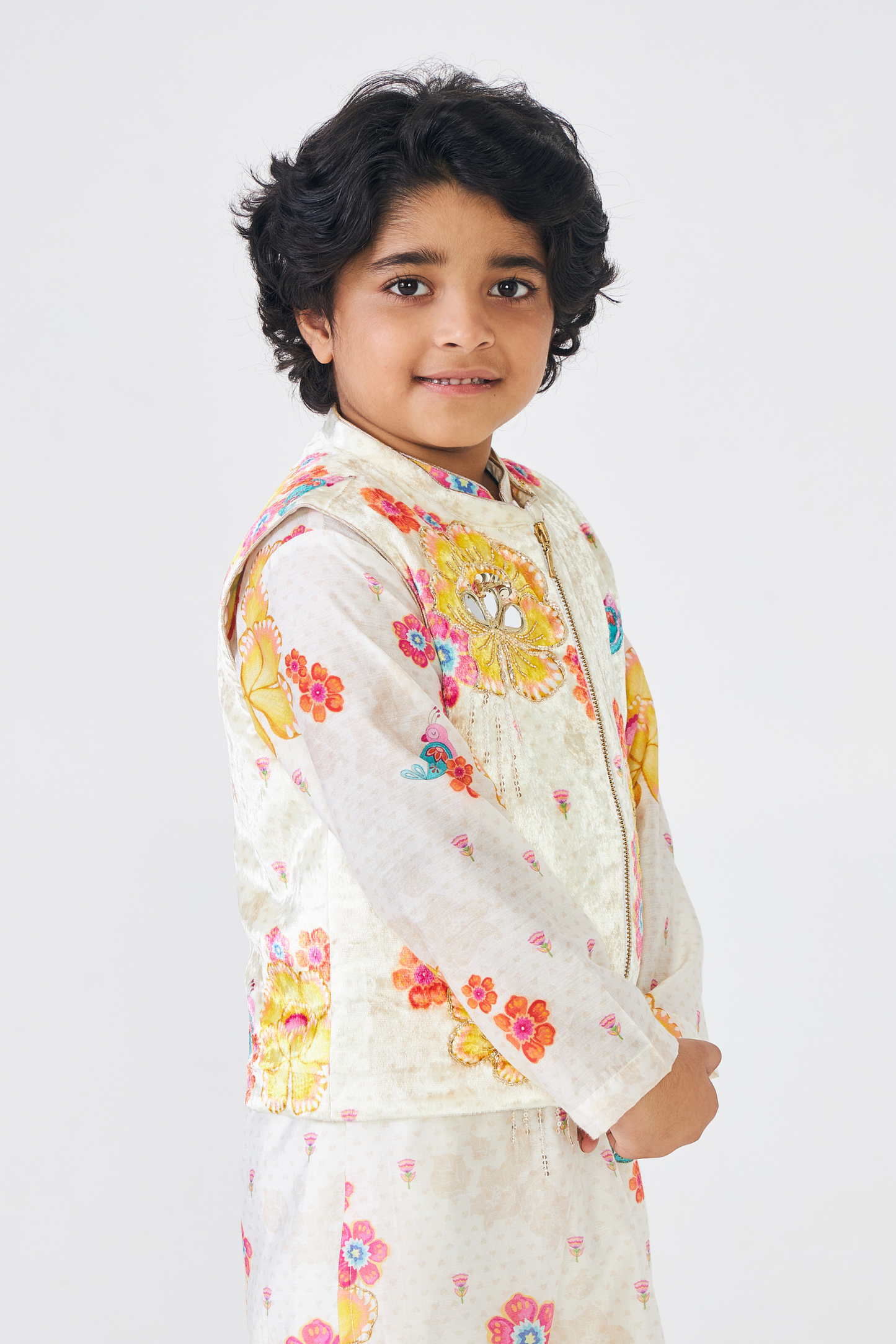 Freya Mustard Boys Embellished Kurta & Jacket (Set of 3 Pcs)