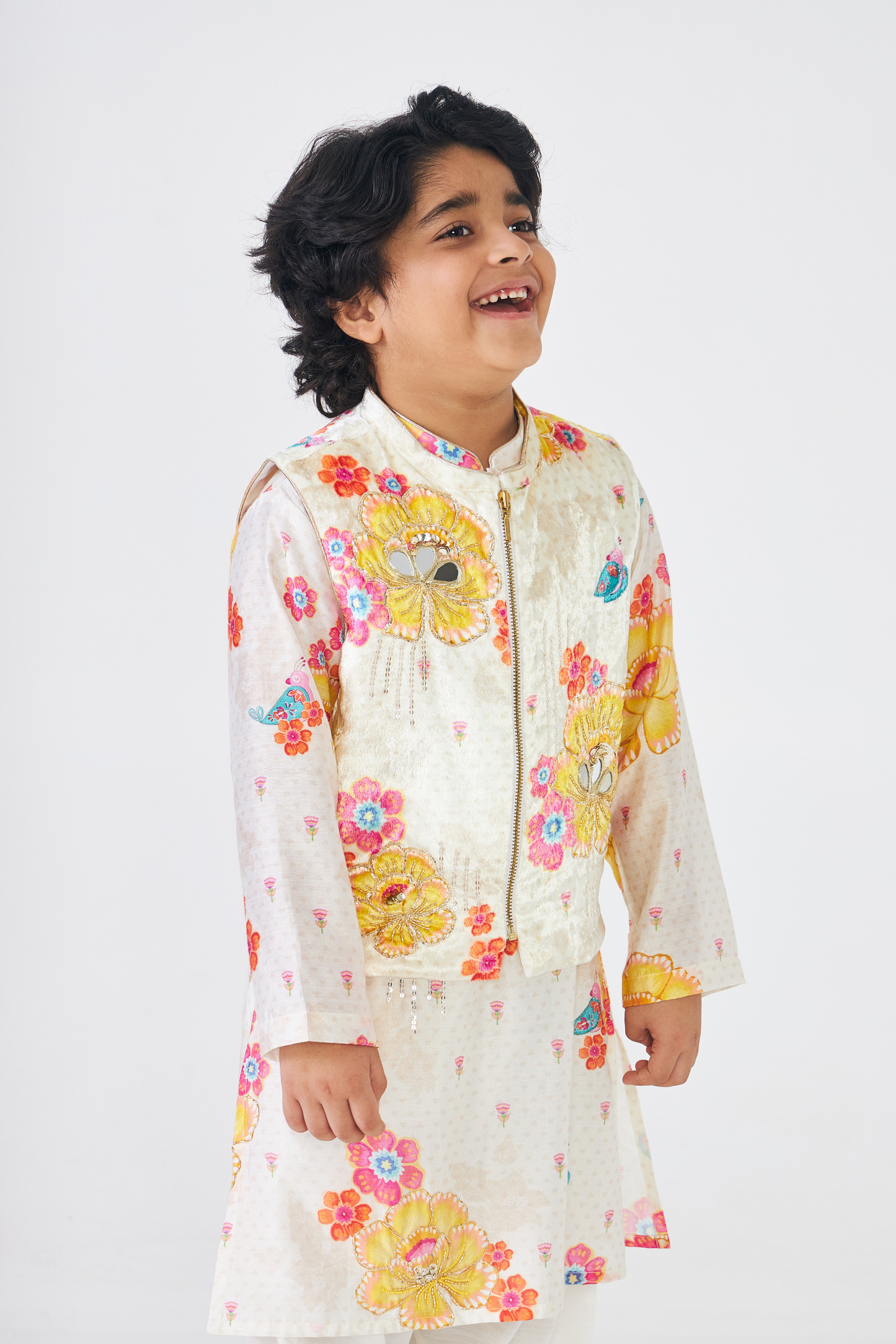 Freya Mustard Boys Embellished Kurta & Jacket (Set of 3 Pcs)