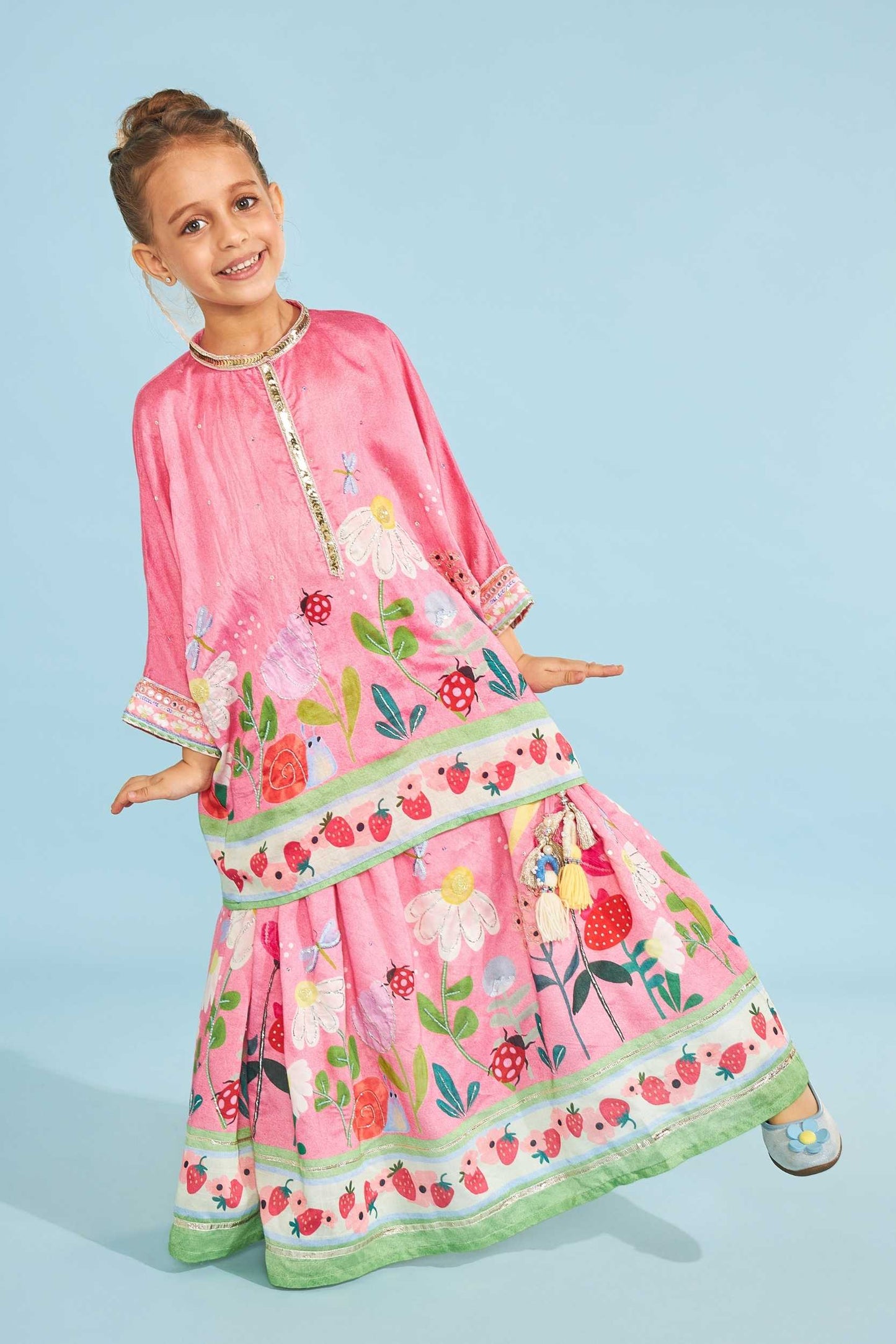 Strawberry Girls Embellished Tunic With Skirt (2 Pc Set)