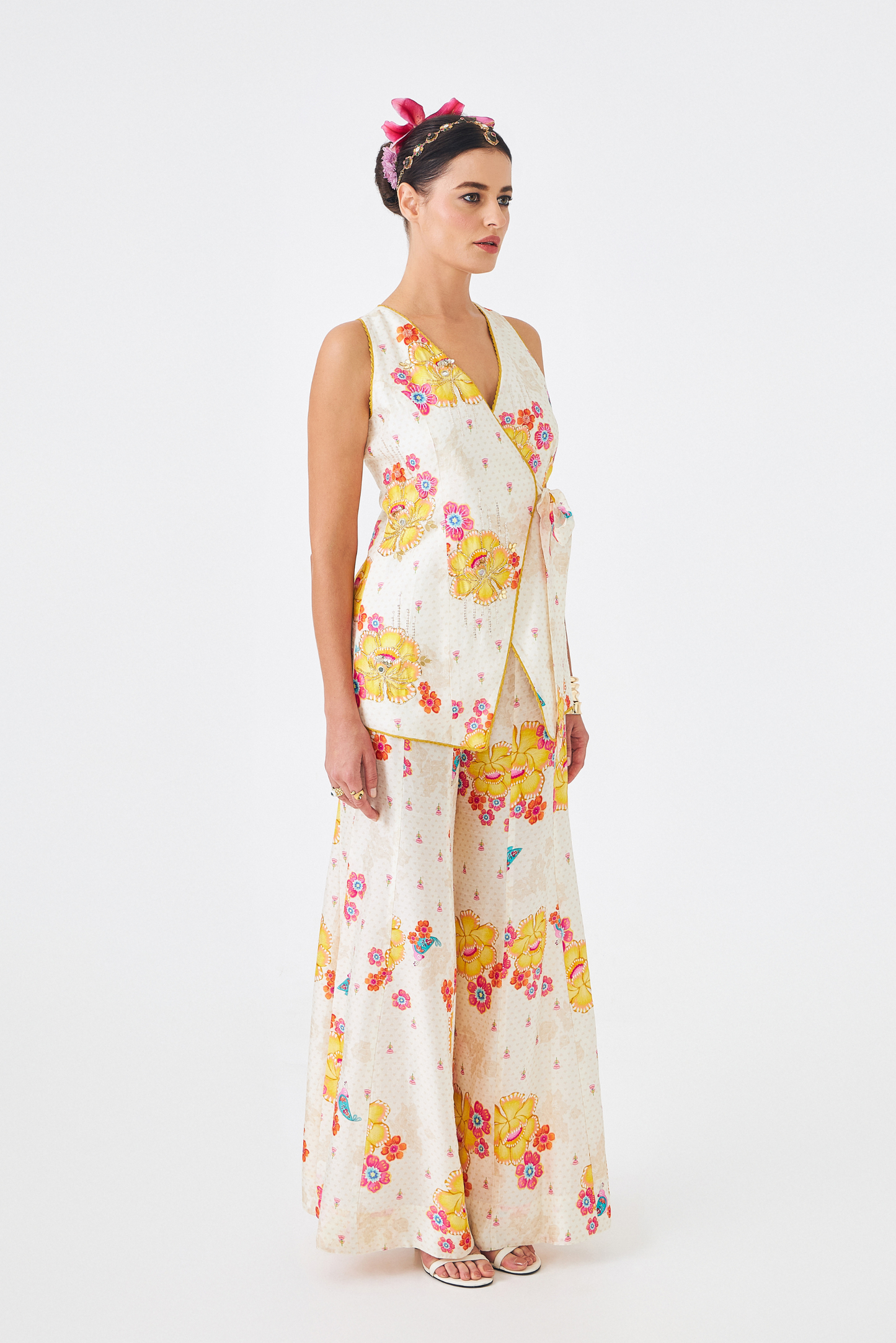 Freya Mustard Ladies Embellished Long Waistcoat & Flared Trousers Co-ord (Set of 2pcs)