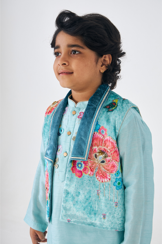 Freya Sage Boys Embellished Kurta & Jacket (Set of 3 Pcs)