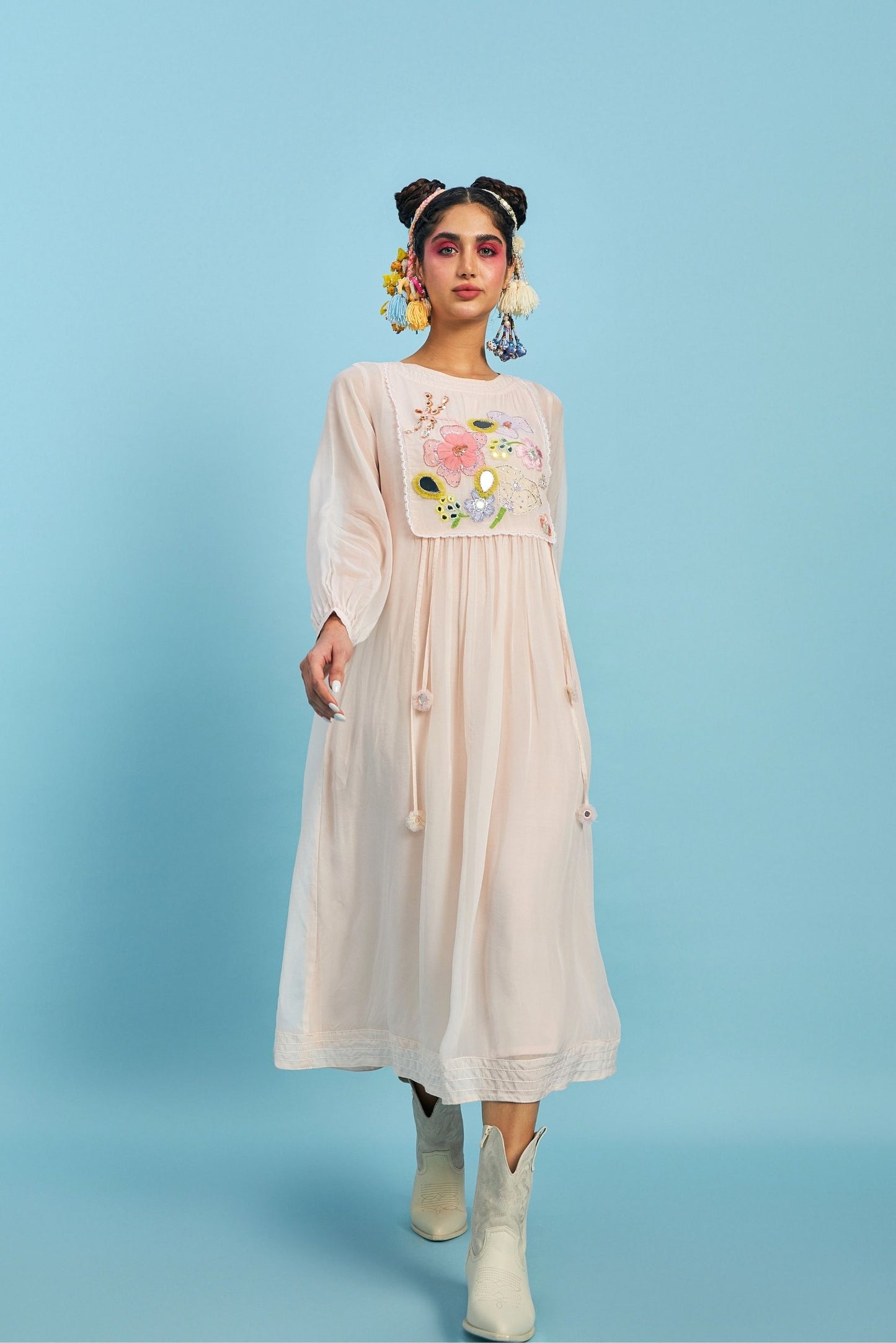 Mirror Yoke Peach Organza embellished Ladies Dress + Trouser