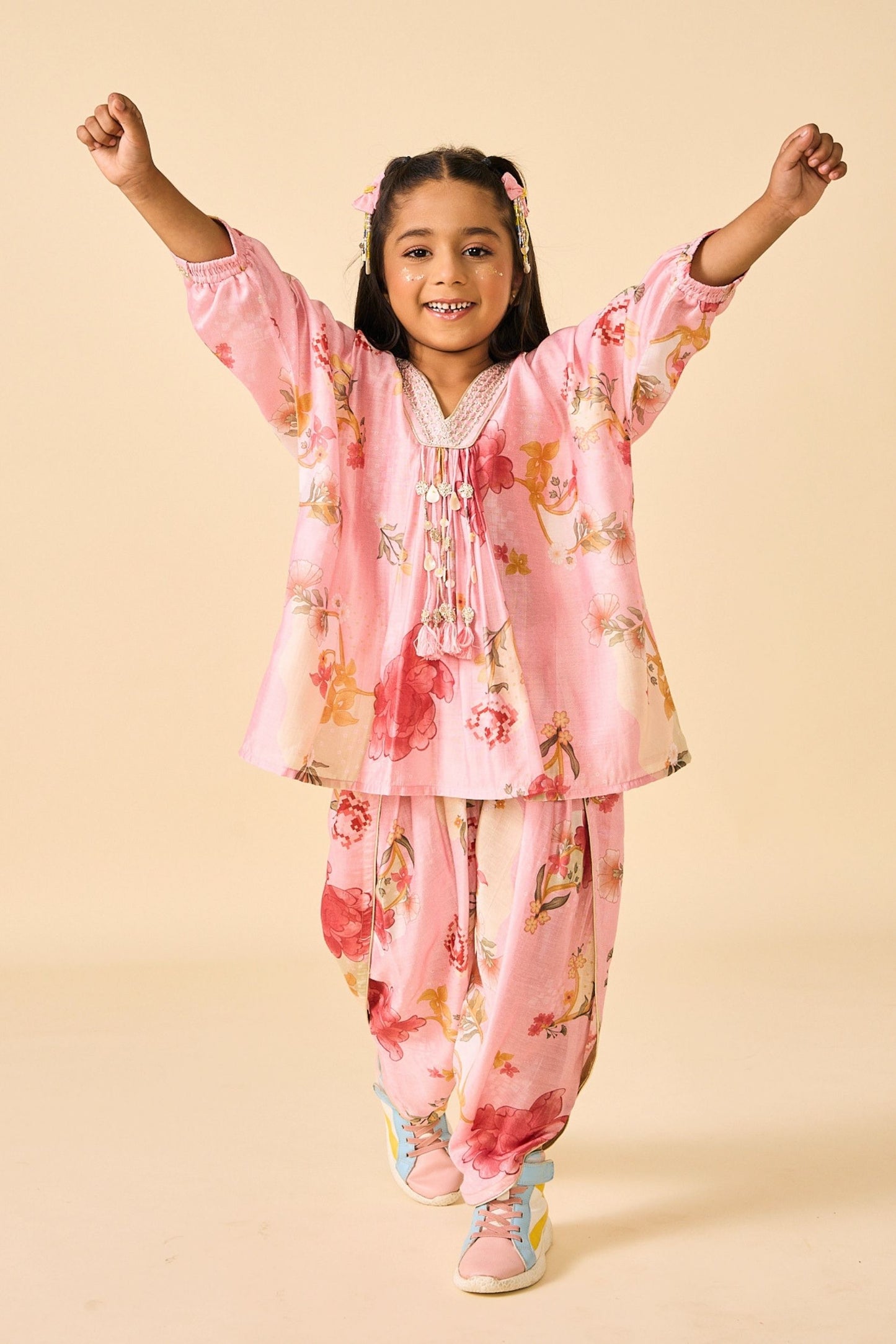 Rose Jaipur Girls Embellished V-Neck Tunic & Trouser Coord ( 2 Pc Set)