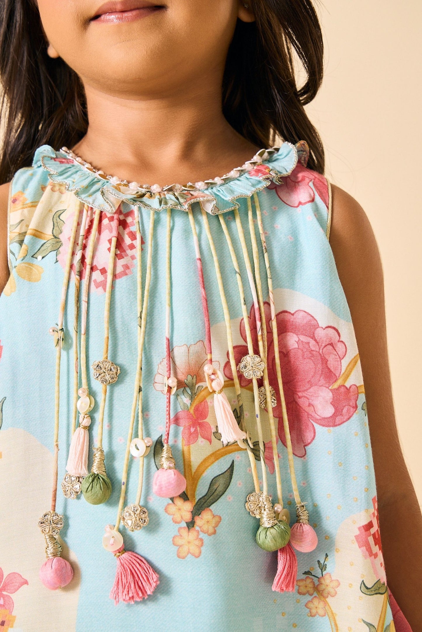 Blue Clay Embellished Girls Fringe Top & Draped Skirt ( 2 Pc Set)