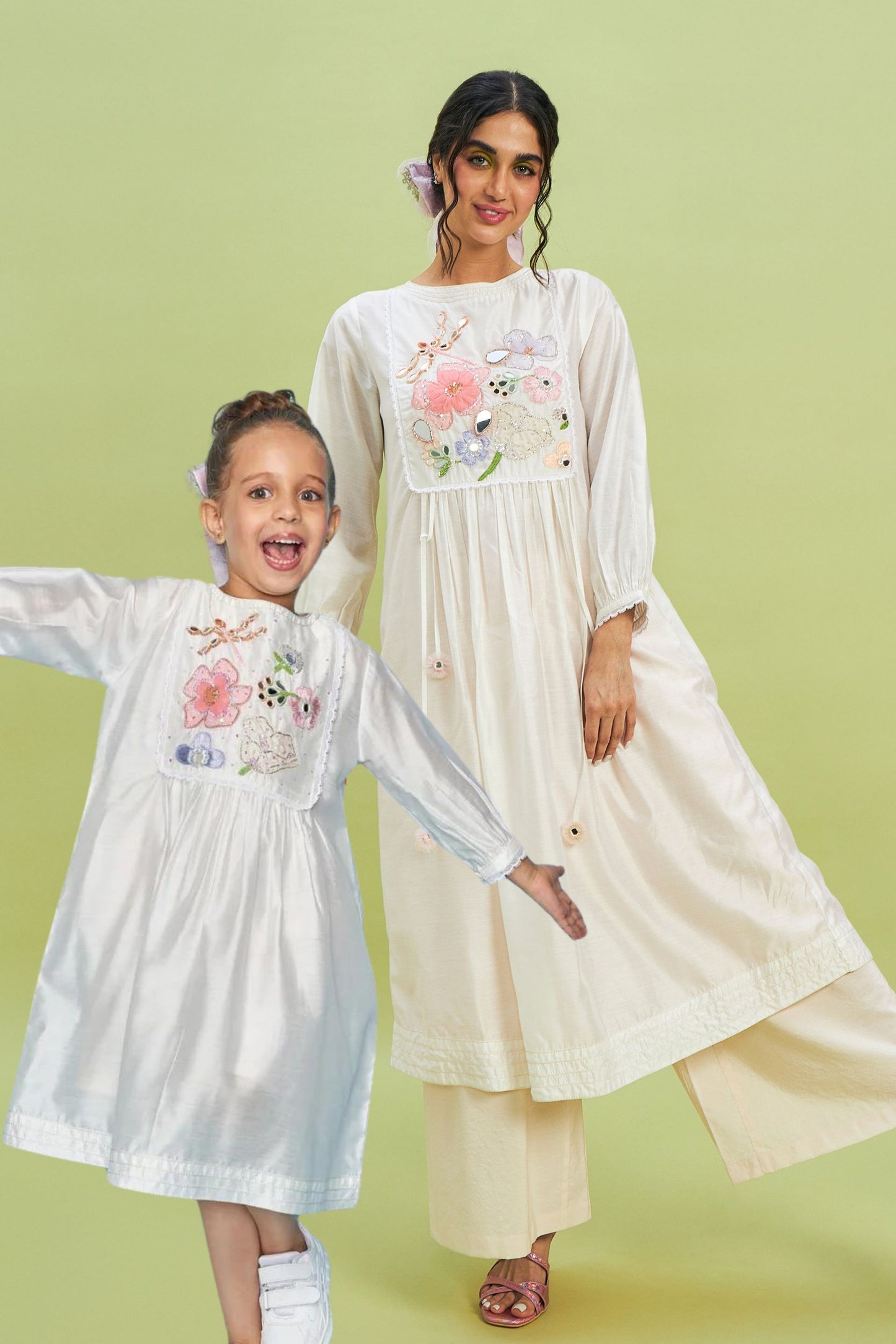 Mirror Yoke  white embellished Ladies Dress - Mom & Me