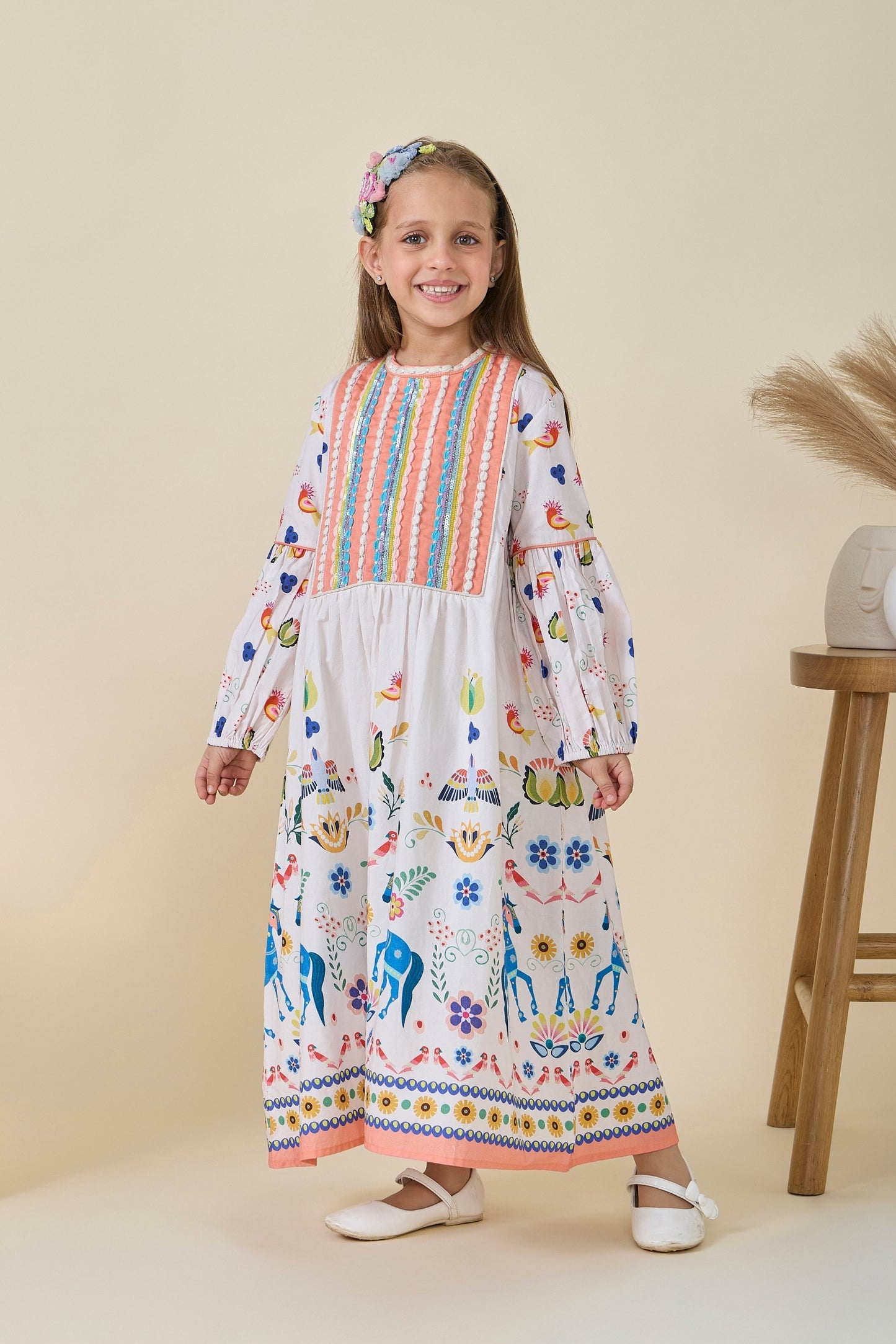 Cuckoo Horse Embellished Girls Long Dress