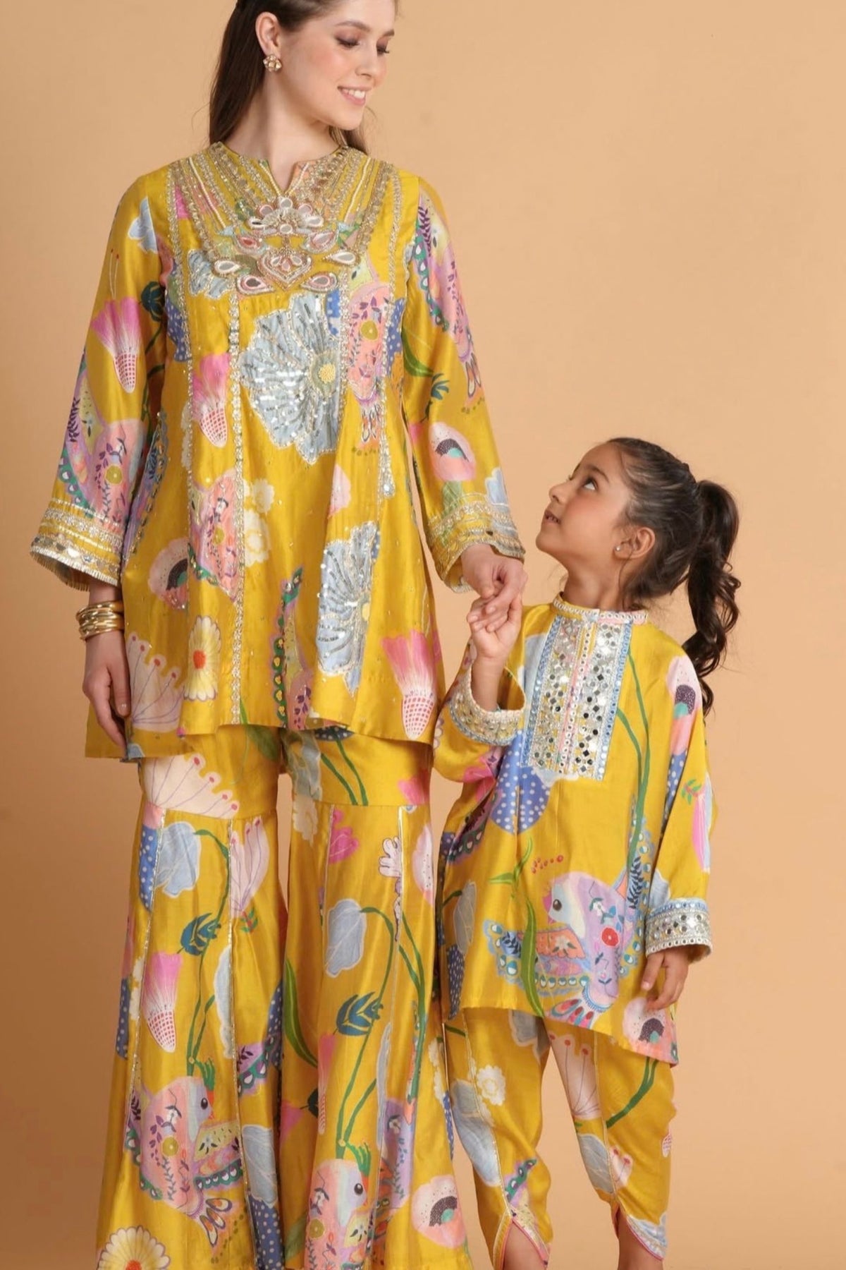 Yellow Bloom embellished Kurti flared trouser set with Dupatta( 3 pcs set)