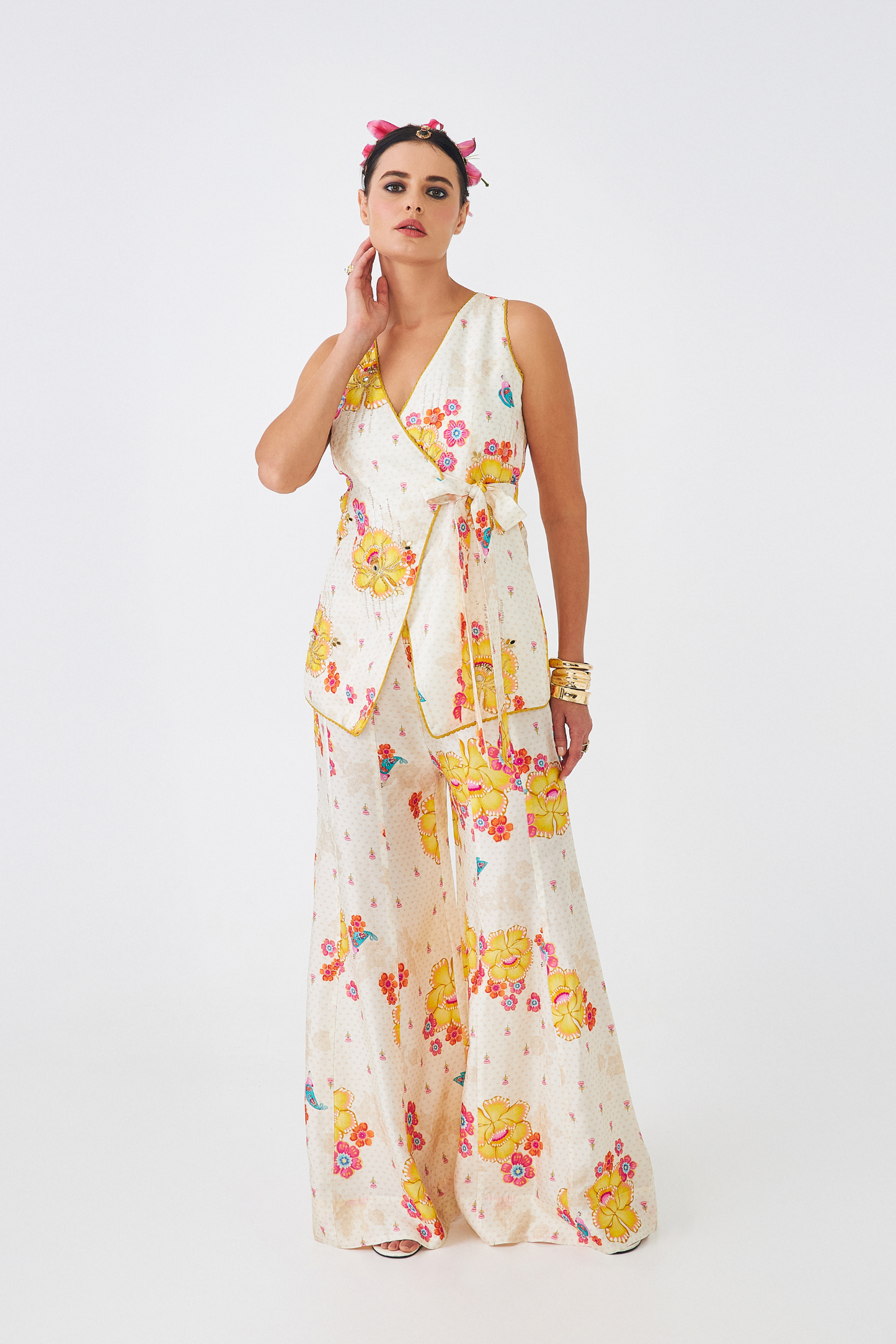 Freya Mustard Ladies Embellished Long Waistcoat & Flared Trousers Co-ord (Set of 2pcs)