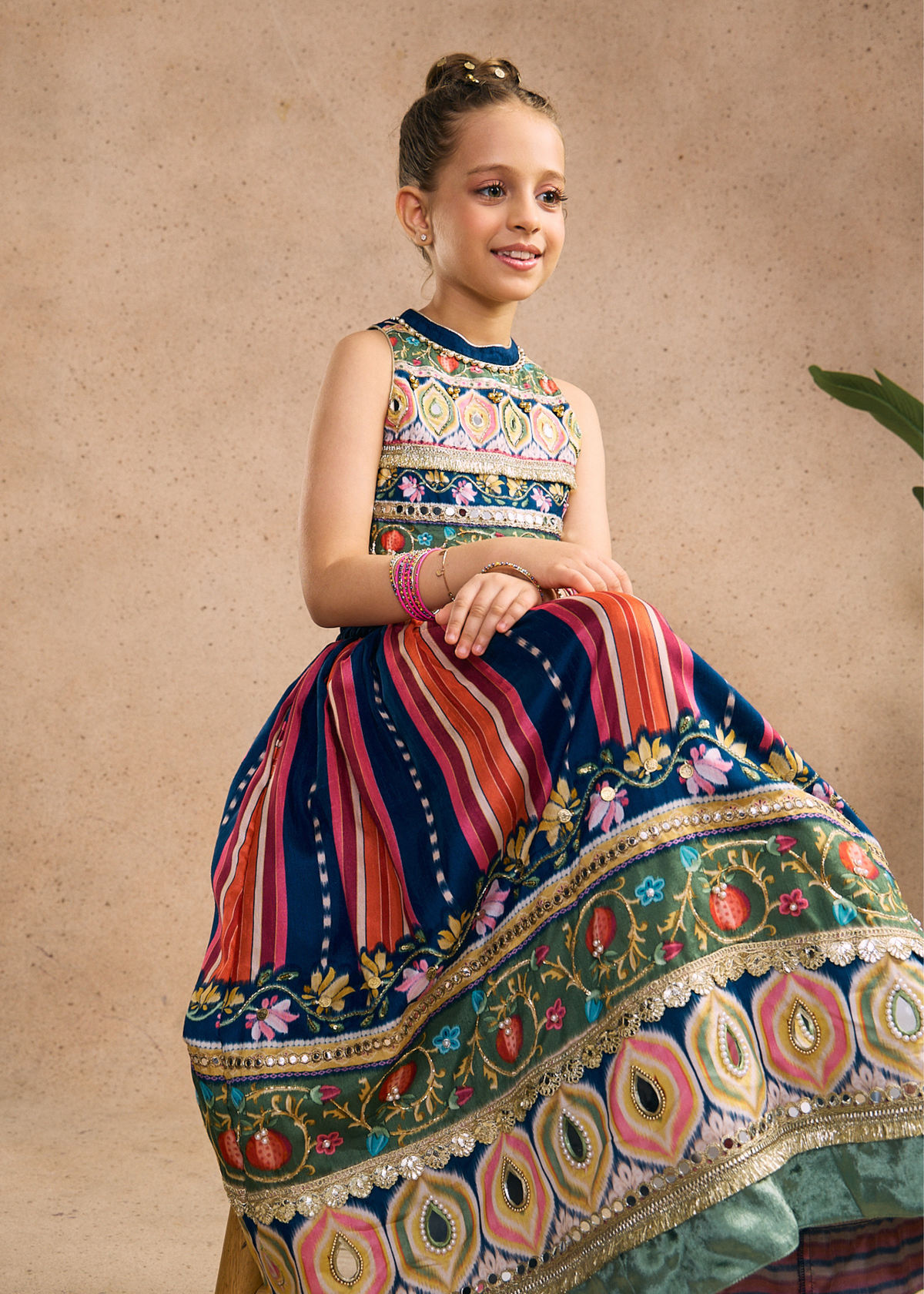 Dalia Navy Girls Embellished Crop Top, Skirt & Dupatta (Set of 3 pcs)