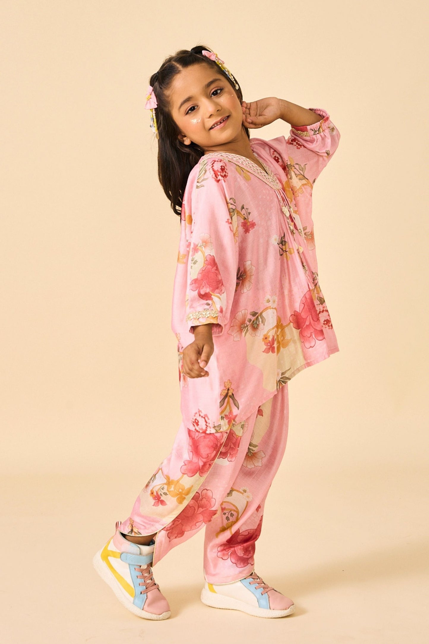 Rose Jaipur Girls Embellished V-Neck Tunic & Trouser Coord ( 2 Pc Set)