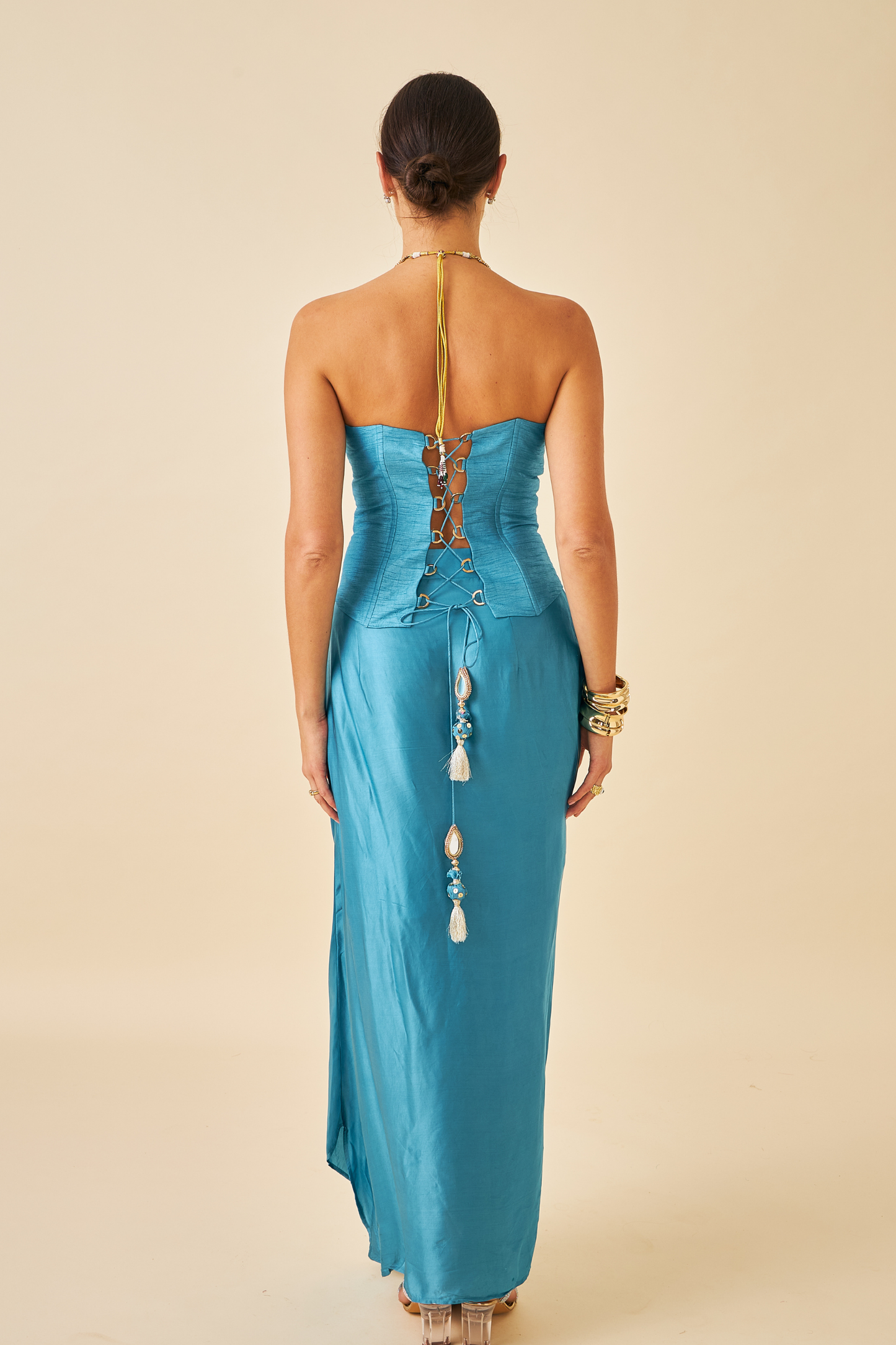 Riva Teal Ladies Embellished Corset with Draped Skirt & Cape ( Set of 3 pcs)