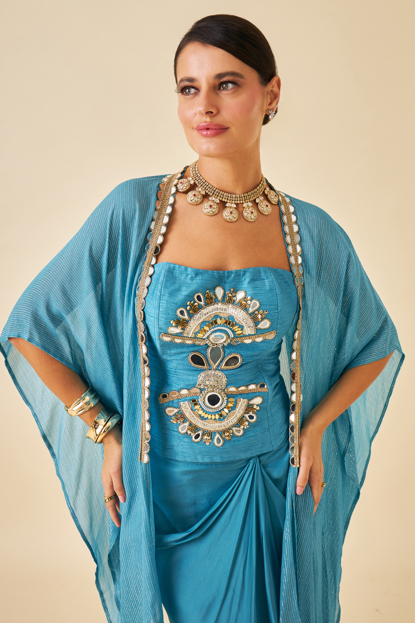 Riva Teal Ladies Embellished Corset with Draped Skirt & Cape ( Set of 3 pcs)