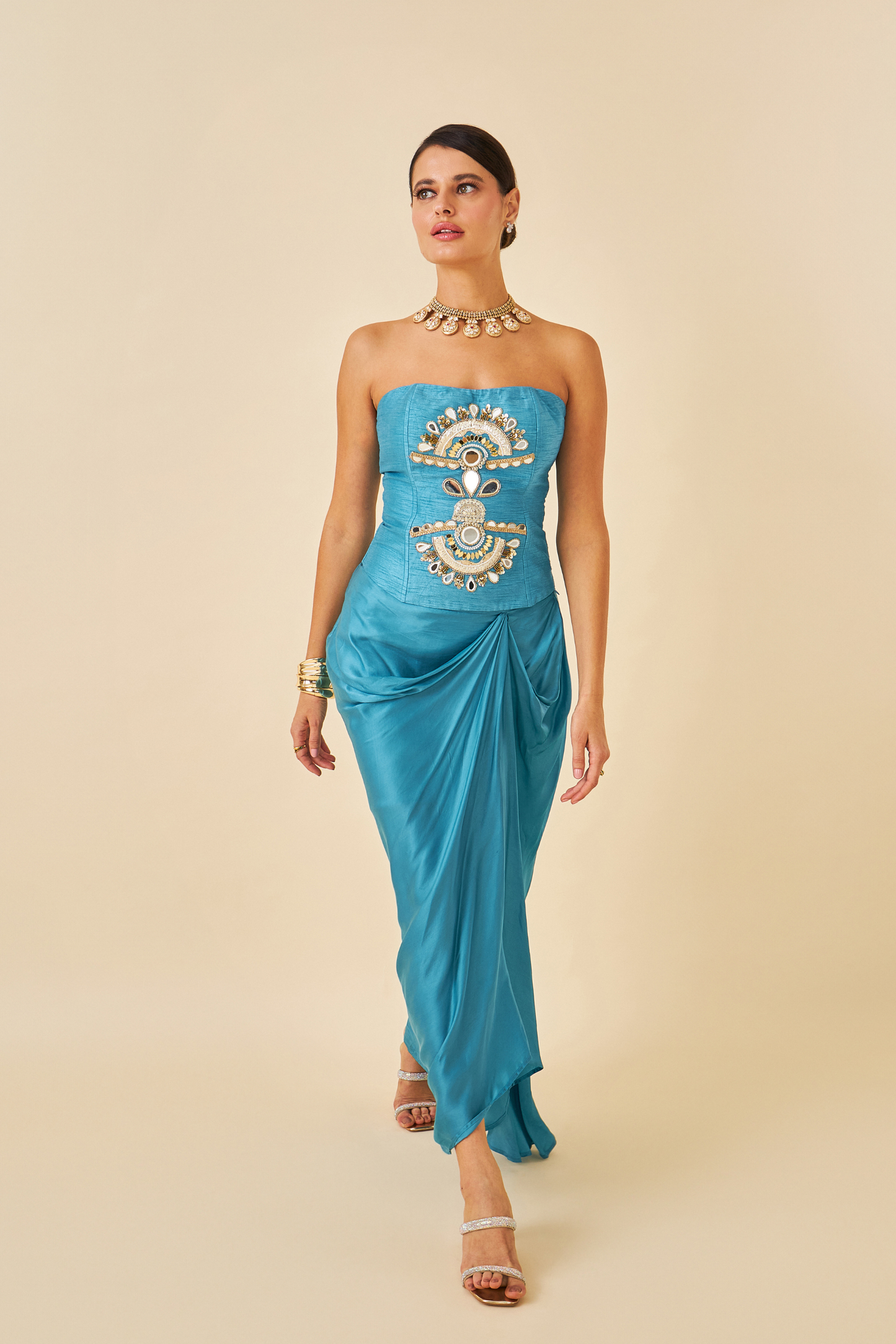 Riva Teal Ladies Embellished Corset with Draped Skirt & Cape ( Set of 3 pcs)