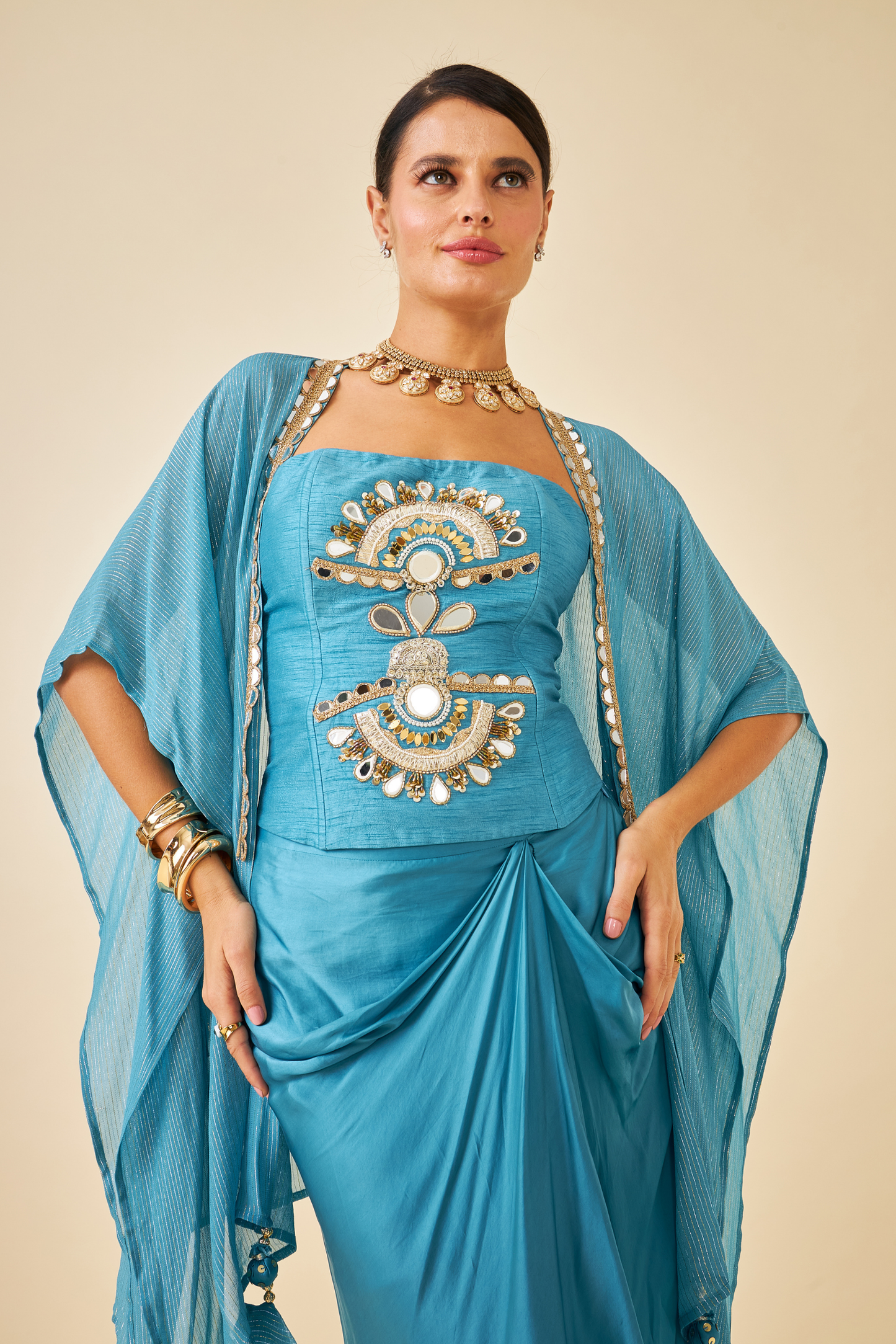 Riva Teal Ladies Embellished Corset with Draped Skirt & Cape ( Set of 3 pcs)