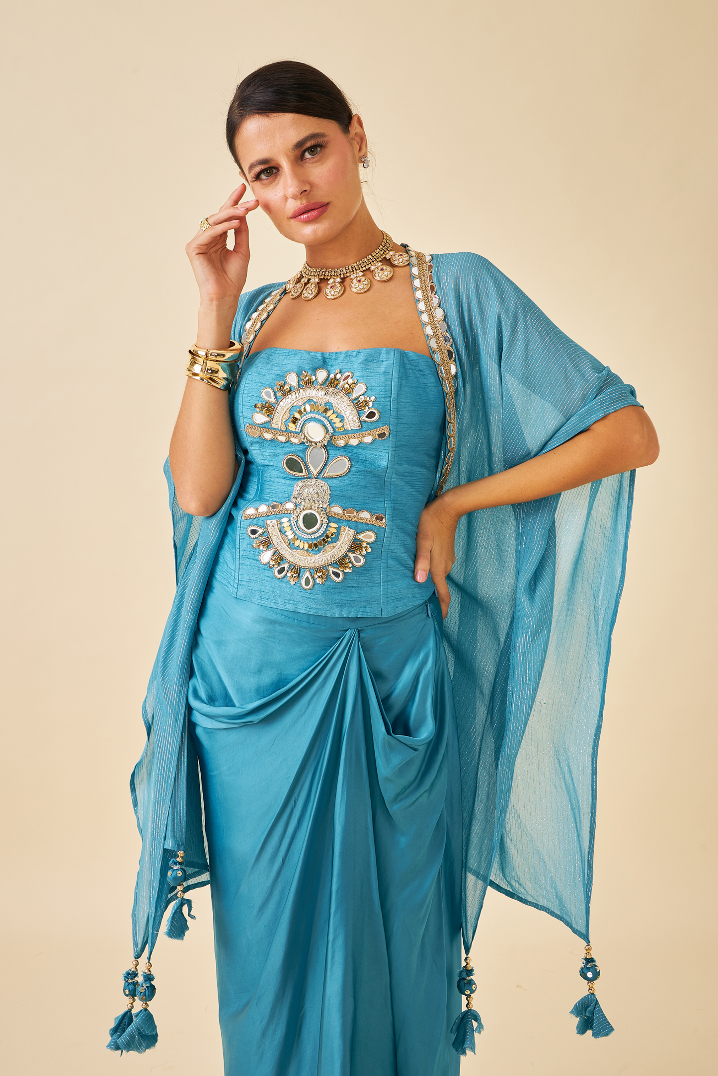 Riva Teal Ladies Embellished Corset with Draped Skirt & Cape ( Set of 3 pcs)