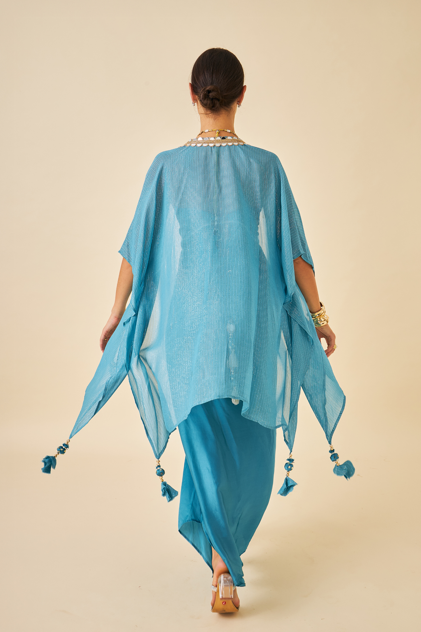 Riva Teal Ladies Embellished Corset with Draped Skirt & Cape ( Set of 3 pcs)