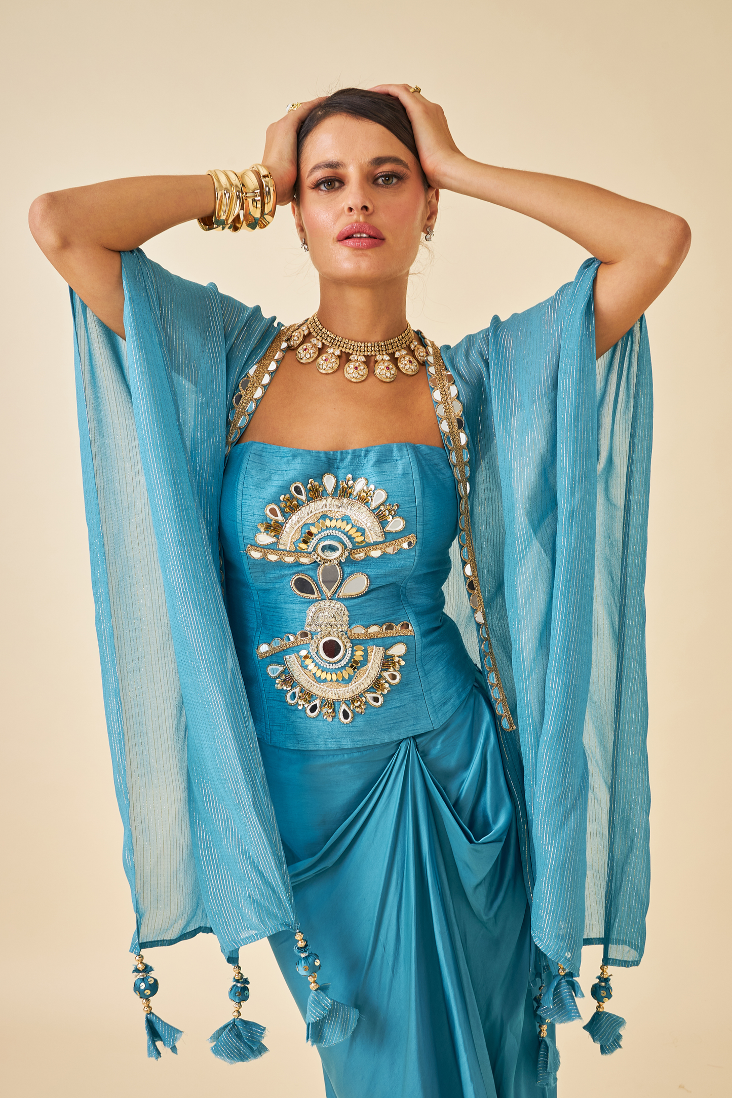 Riva Teal Ladies Embellished Corset with Draped Skirt & Cape ( Set of 3 pcs)