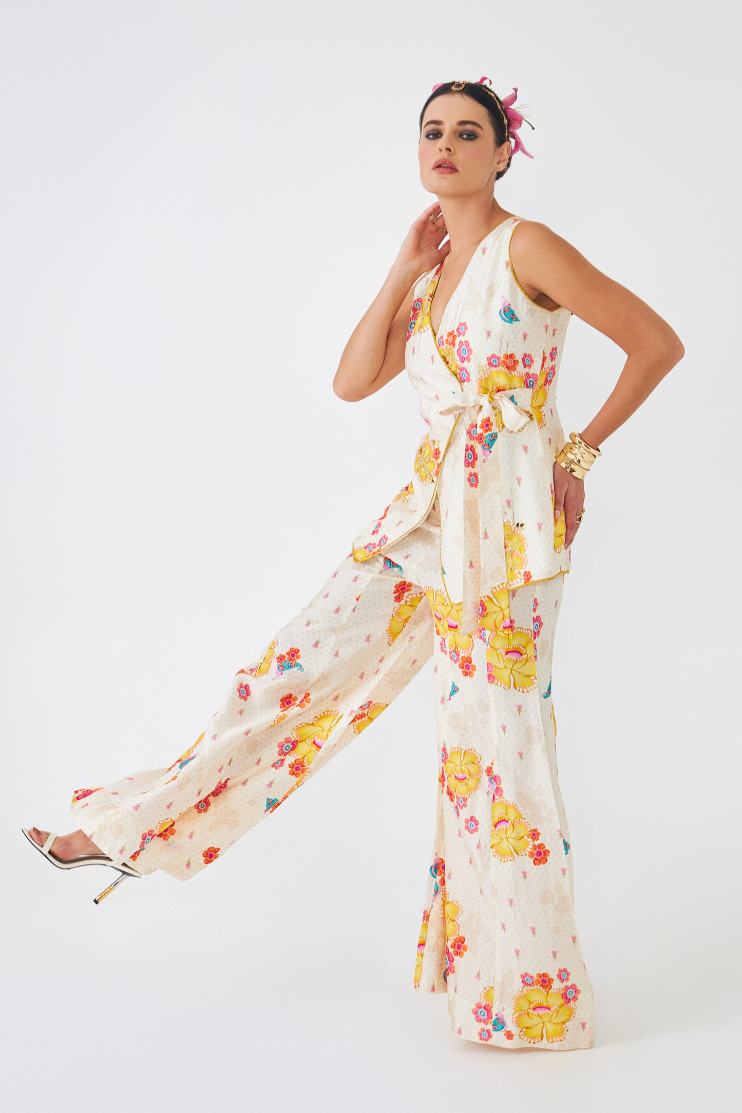 Freya Mustard Ladies Embellished Long Waistcoat & Flared Trousers Co-ord (Set of 2pcs)