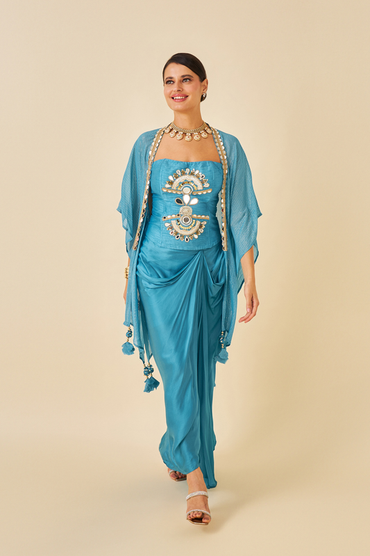 Riva Teal Ladies Embellished Corset with Draped Skirt & Cape ( Set of 3 pcs)