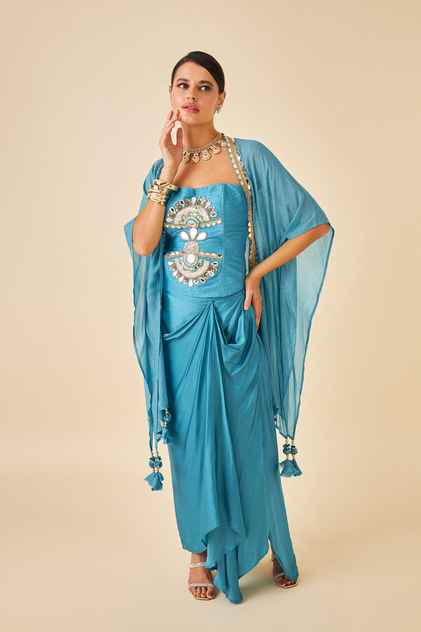 Riva Teal Ladies Embellished Corset with Draped Skirt & Cape ( Set of 3 pcs)