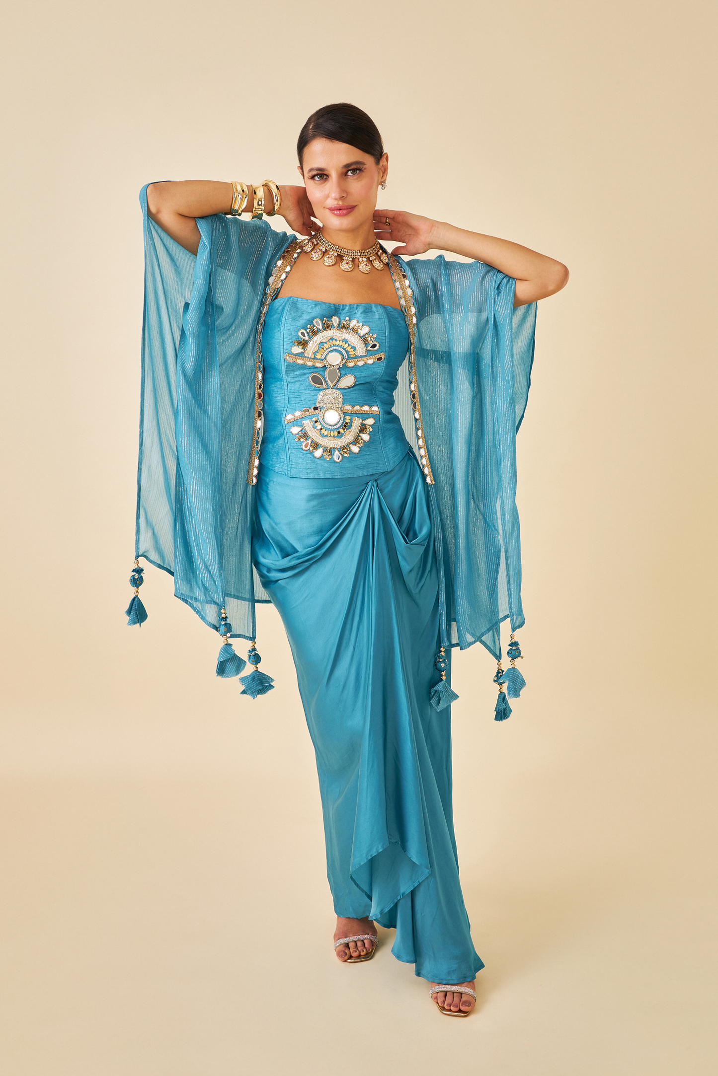 Riva Teal Ladies Embellished Corset with Draped Skirt & Cape ( Set of 3 pcs)