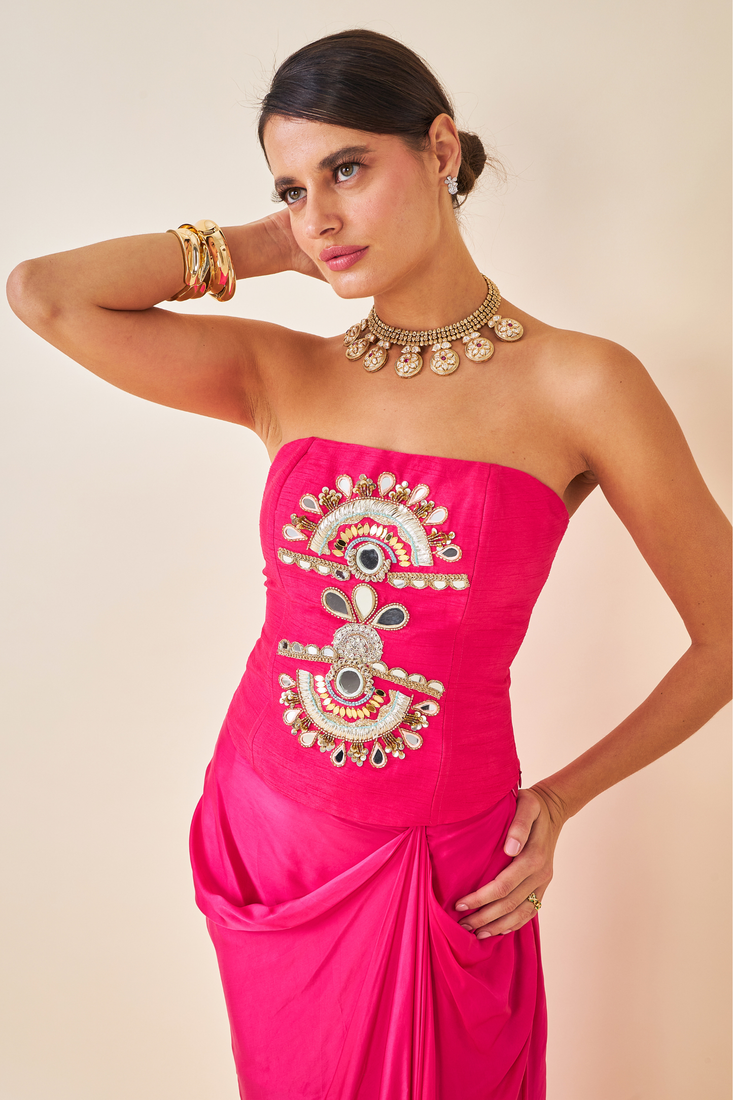 Riva Pink Ladies Embellished Corset with Draped Skirt & Cape ( Set of 3 pcs)