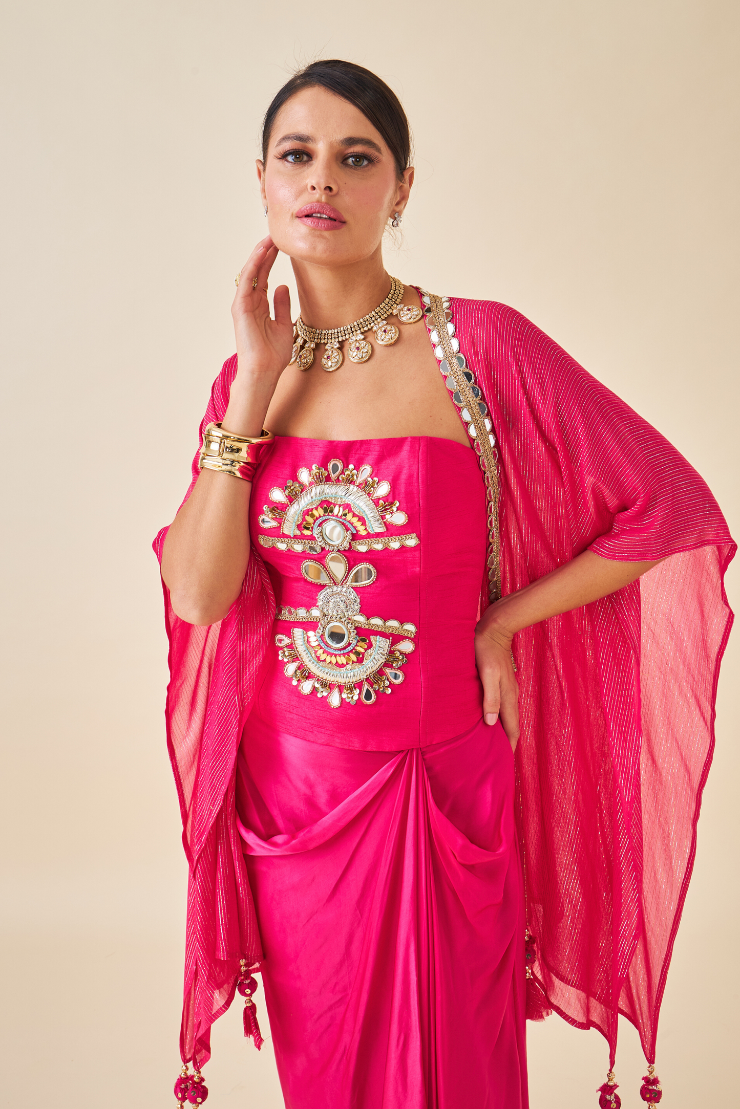 Riva Pink Ladies Embellished Corset with Draped Skirt & Cape ( Set of 3 pcs)