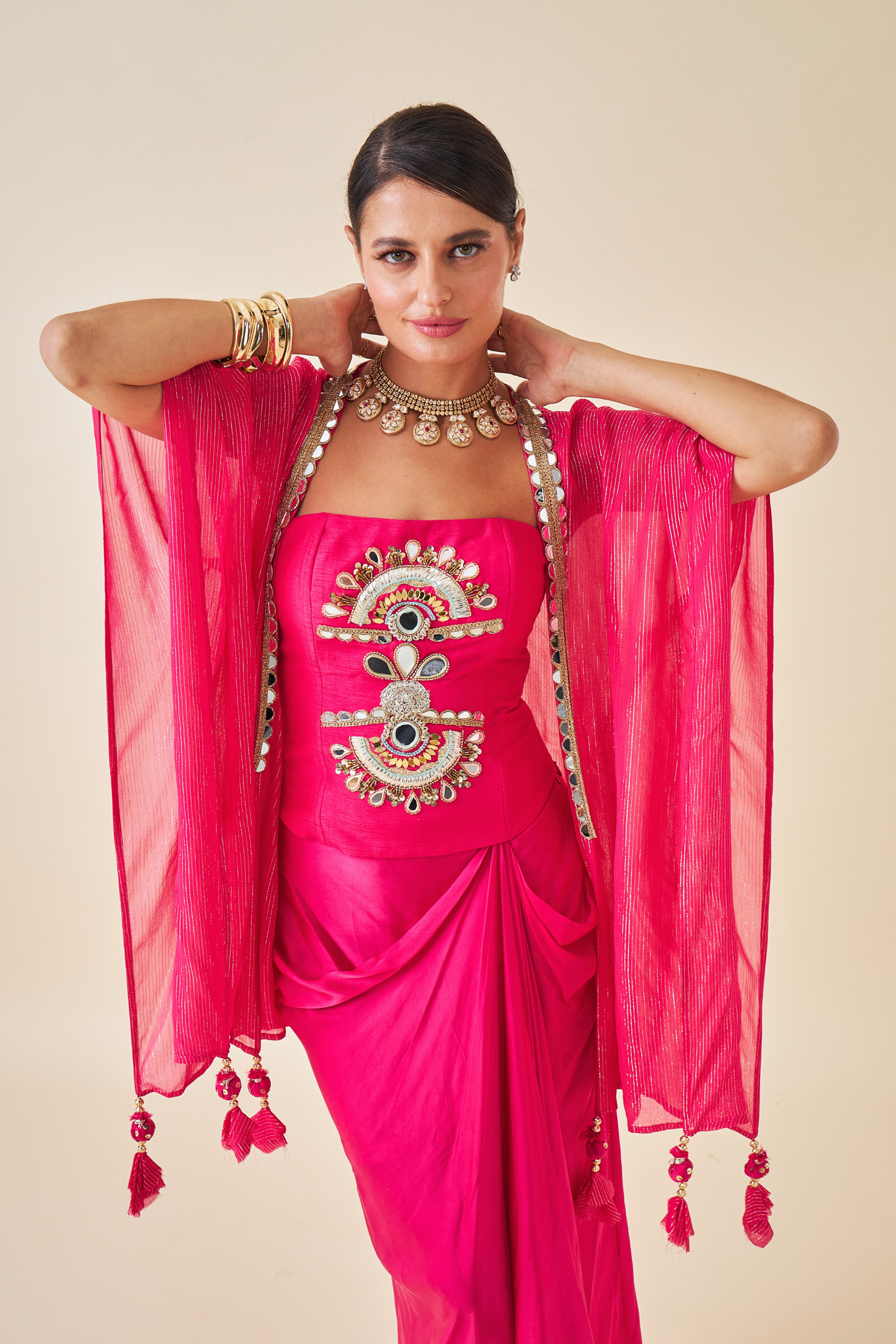 Riva Pink Ladies Embellished Corset with Draped Skirt & Cape ( Set of 3 pcs)