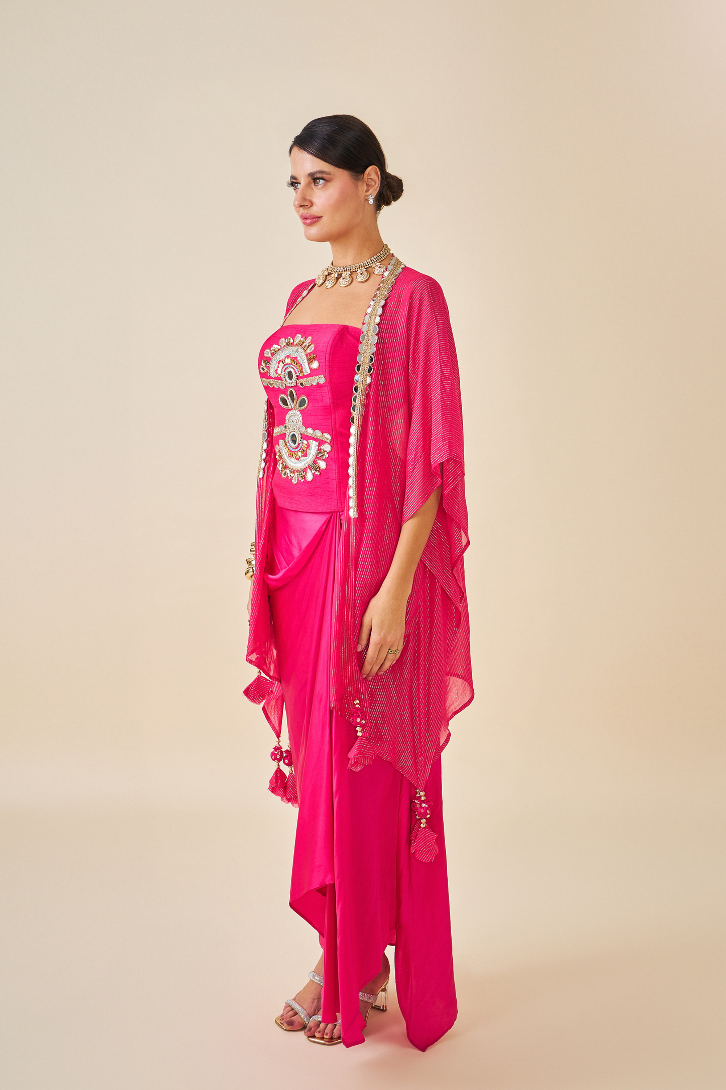 Riva Pink Ladies Embellished Corset with Draped Skirt & Cape ( Set of 3 pcs)