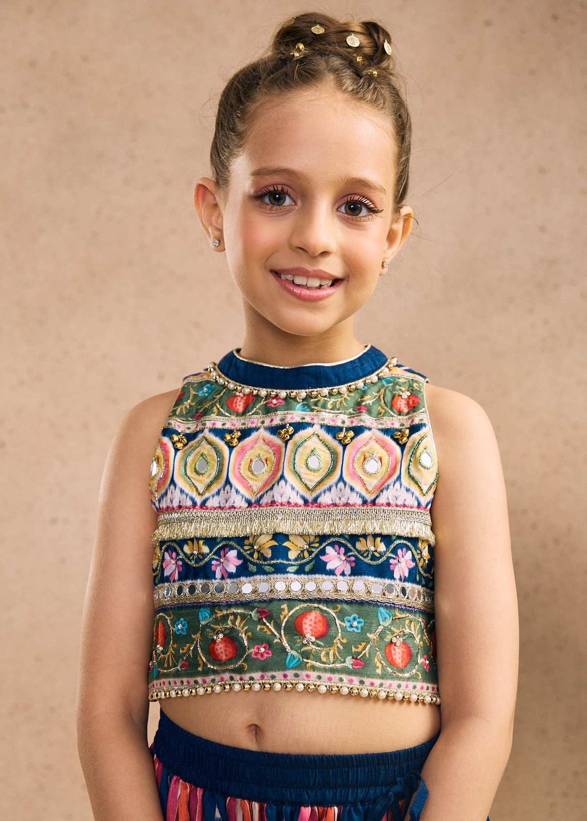Dalia Navy Girls Embellished Crop Top, Skirt & Dupatta (Set of 3 pcs)