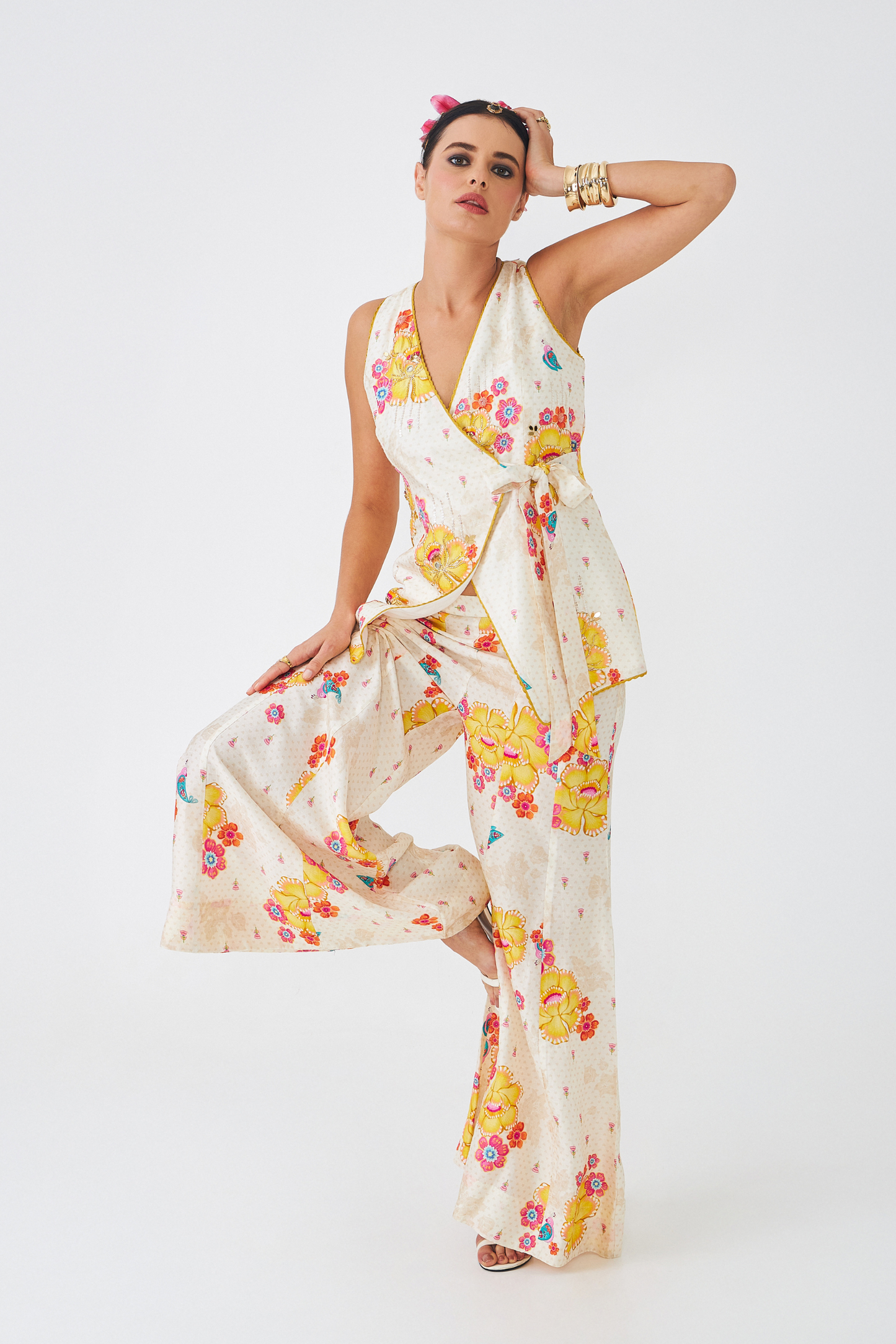 Freya Mustard Ladies Embellished Long Waistcoat & Flared Trousers Co-ord (Set of 2pcs)