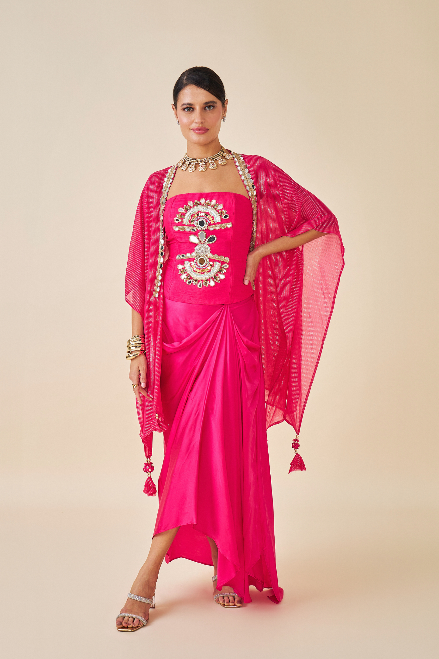 Riva Pink Ladies Embellished Corset with Draped Skirt & Cape ( Set of 3 pcs)