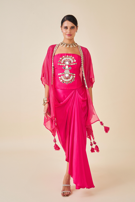 Riva Pink Ladies Embellished Corset with Draped Skirt & Cape ( Set of 3 pcs)