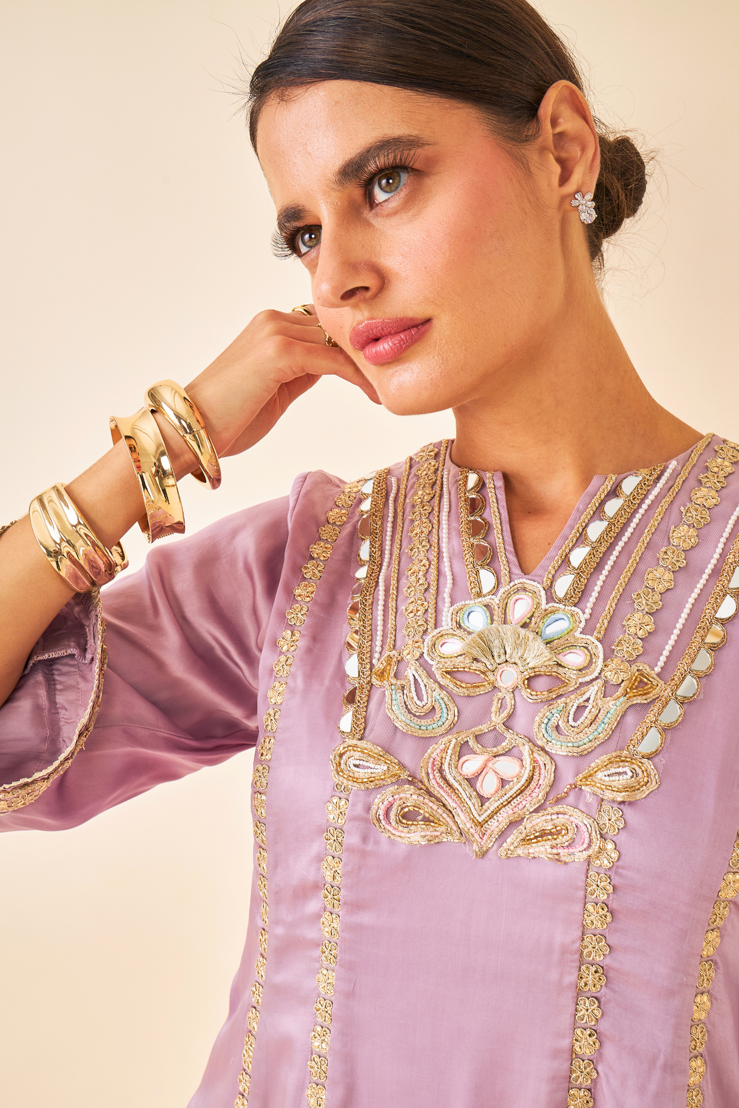 Ivora Lavender Ladies Embellished Tunic With Flared Trousers Co-ord ( Set of 2pcs )