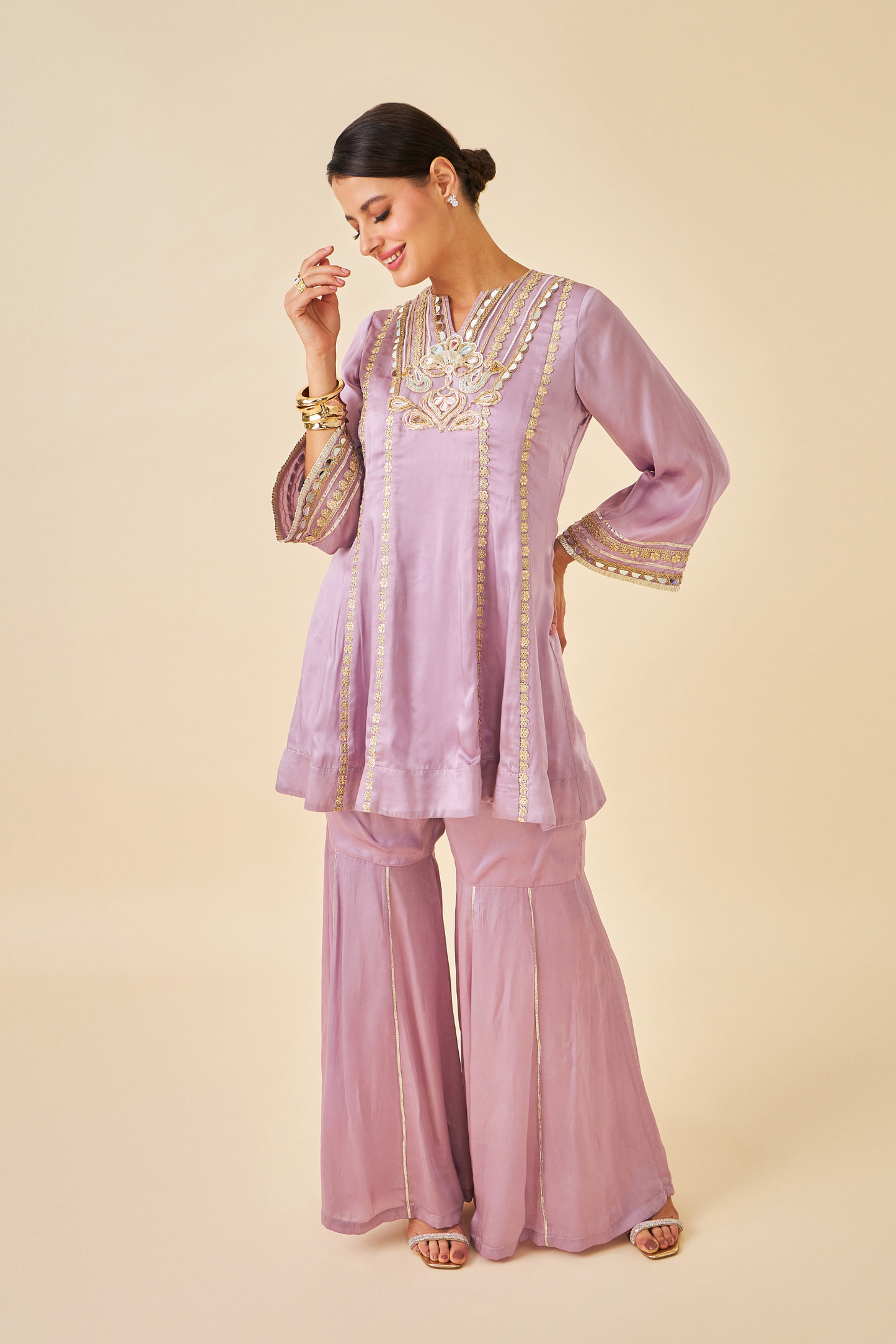 Ivora Lavender Ladies Embellished Tunic With Flared Trousers Co-ord ( Set of 2pcs )