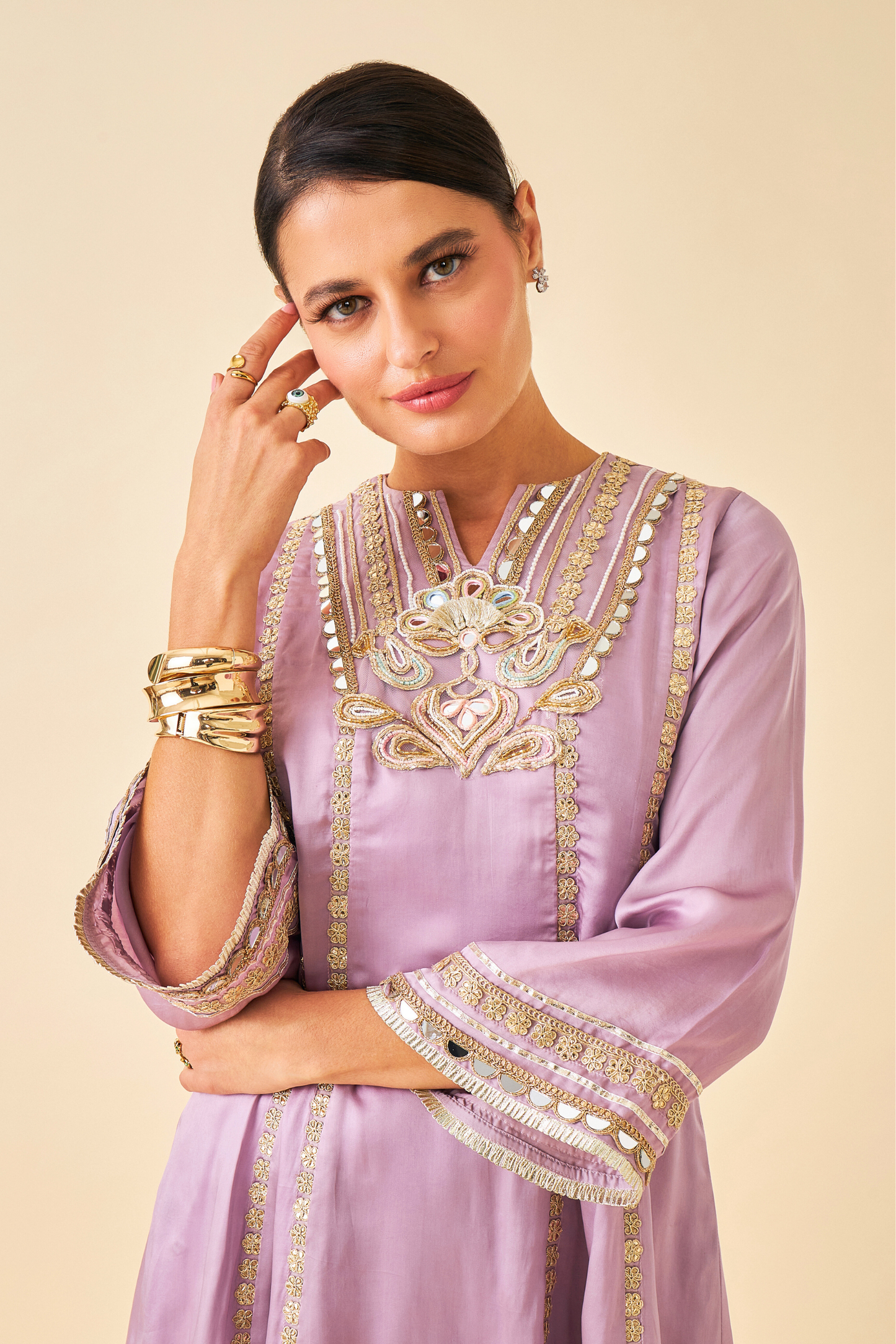 Ivora Lavender Ladies Embellished Tunic With Flared Trousers Co-ord ( Set of 2pcs )