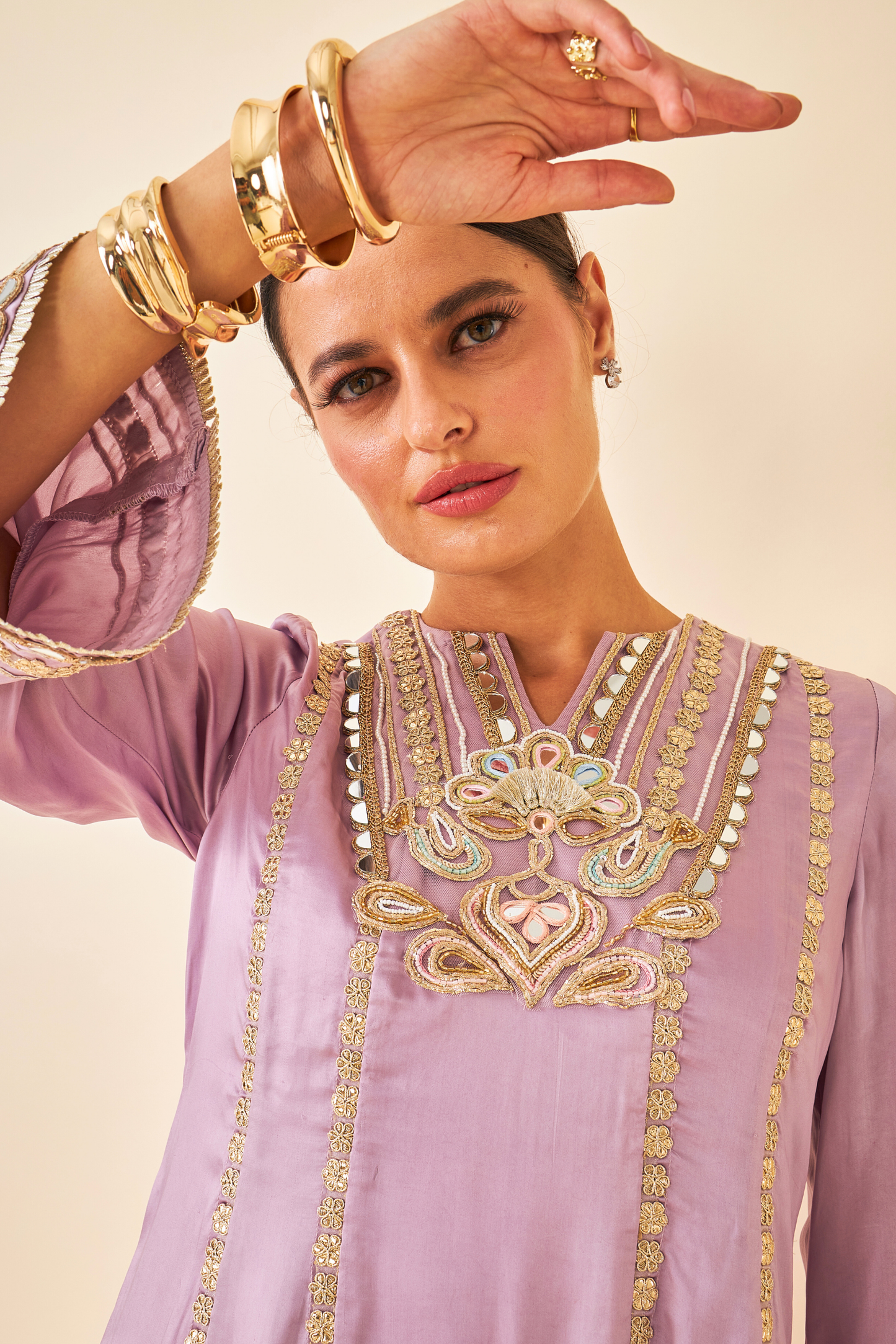 Ivora Lavender Ladies Embellished Tunic With Flared Trousers Co-ord ( Set of 2pcs )