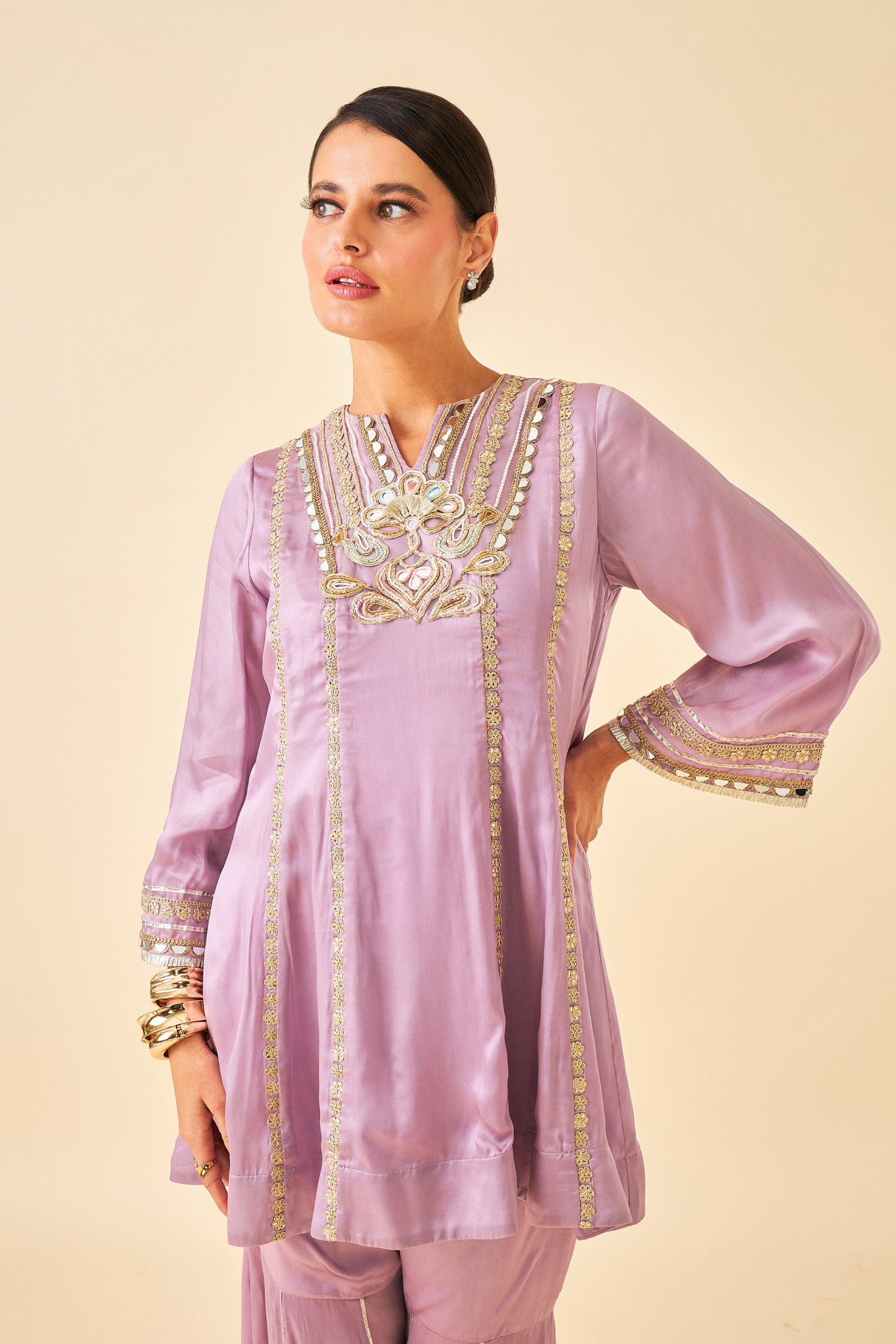 Ivora Lavender Ladies Embellished Tunic With Flared Trousers Co-ord ( Set of 2pcs )